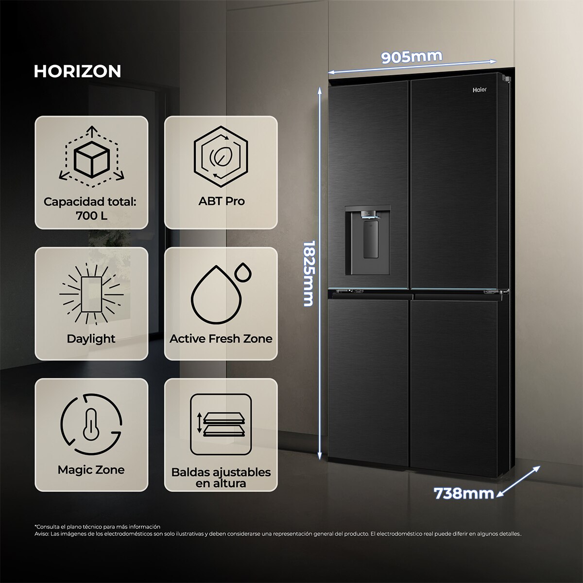 Frigorífico Americano Haier Total No Frost, fabricador de hielo, HORIZON - HCR79F18CHMB (Reacondicionado Grado D) - Negro Negro-4