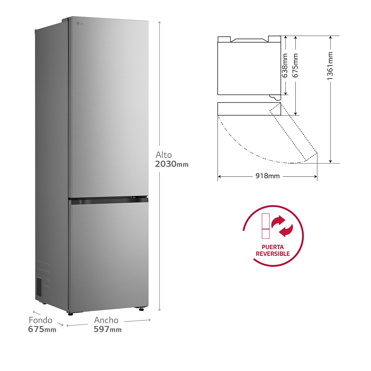 Frigorífico Combi LG DoorCooling+, 2.03m, Serie 300 - GBBS322APY (Reacondicionado Grado C) - Acero antihuellas Acero antihuellas-2