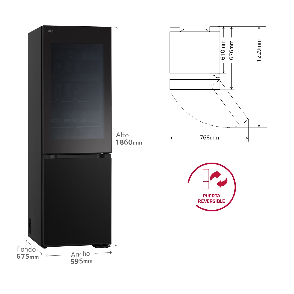 Frigorífico Combi LG No Frost, 186 cm, 352 l, InstaView, negro- GBG5160CEV (Reacondicionado Grado D) - Acero negro grafito Acero negro grafito-2