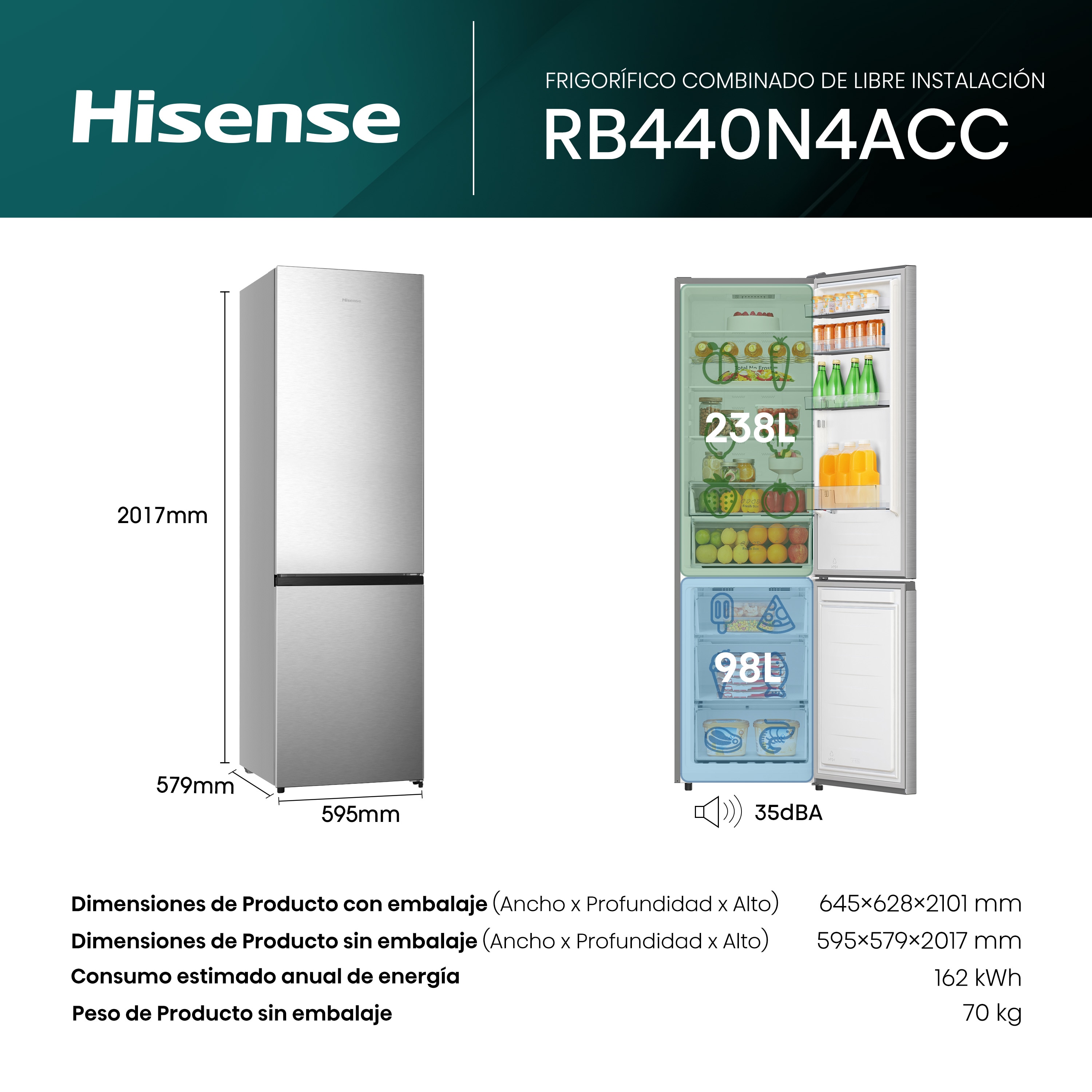 Frigorífico combi Hisense Total No Frost - RB440N4ACC (Reacondicionado Grado D) - Inox Inox-2