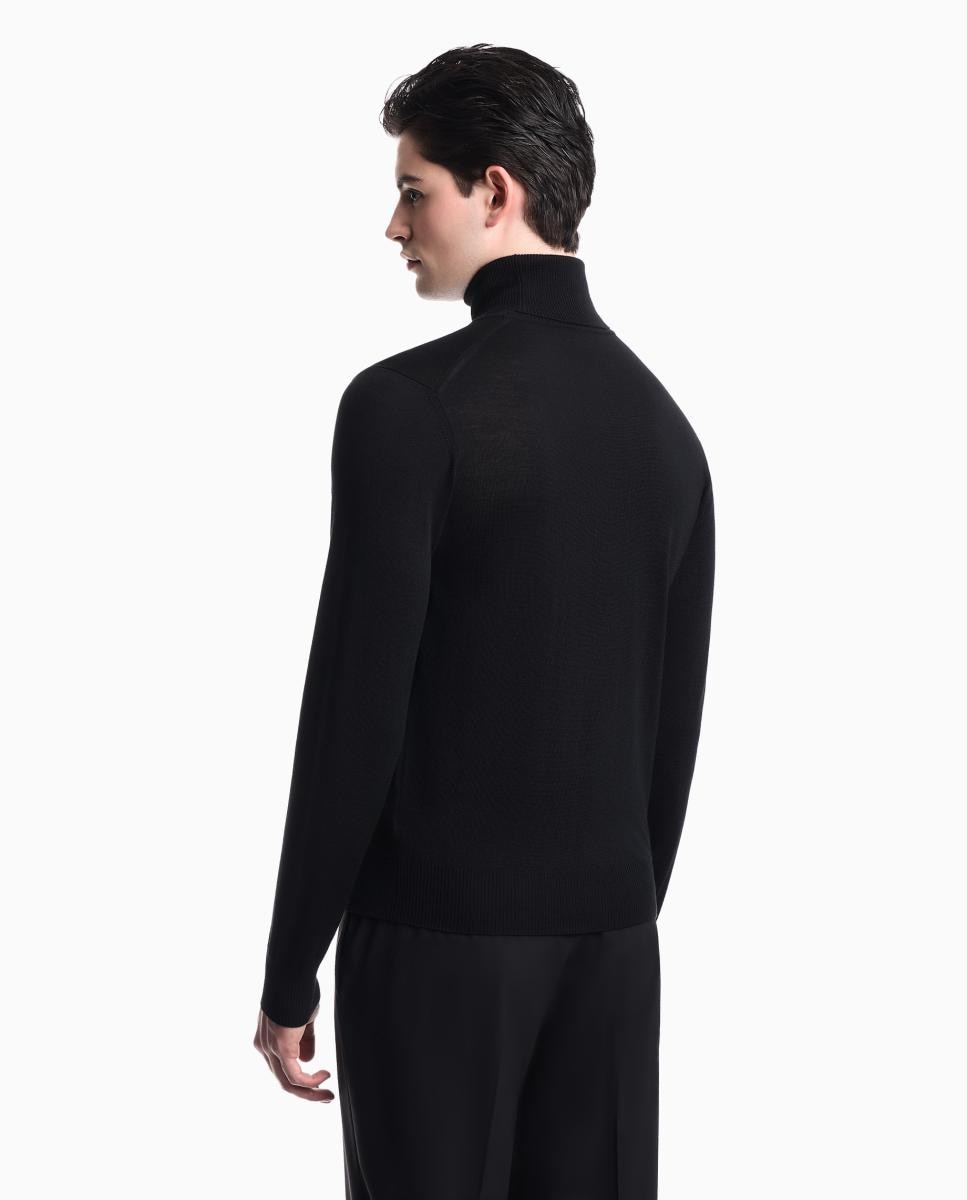 Camisola de Malha de Lã Virgem Regular Fit com Gola Dobrada Preto-2