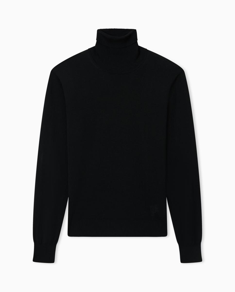 Camisola de Malha de Lã Virgem Regular Fit com Gola Dobrada Preto-4