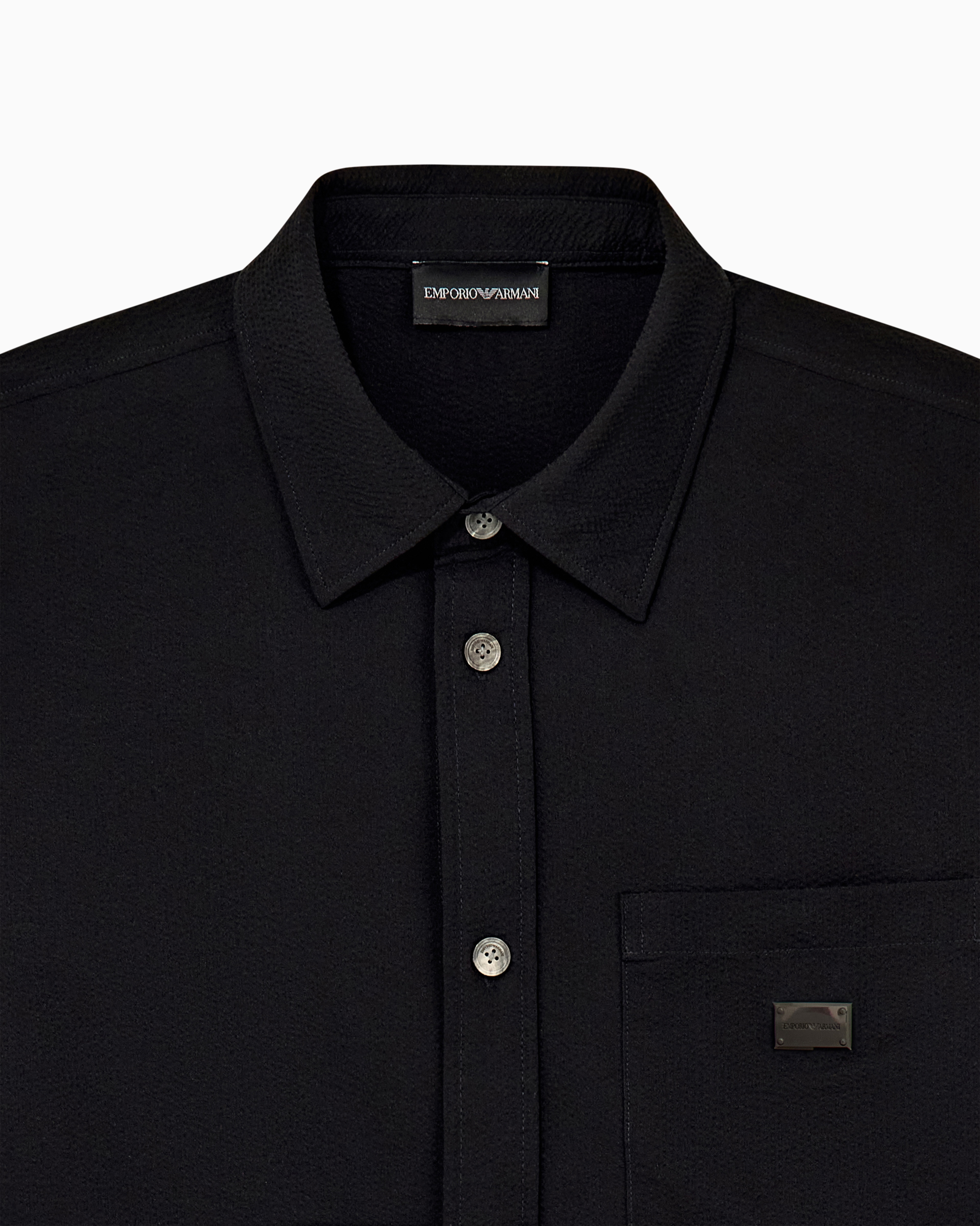Camisa de Seersucker com Manga Curta e Bolso no Peito Preto-4