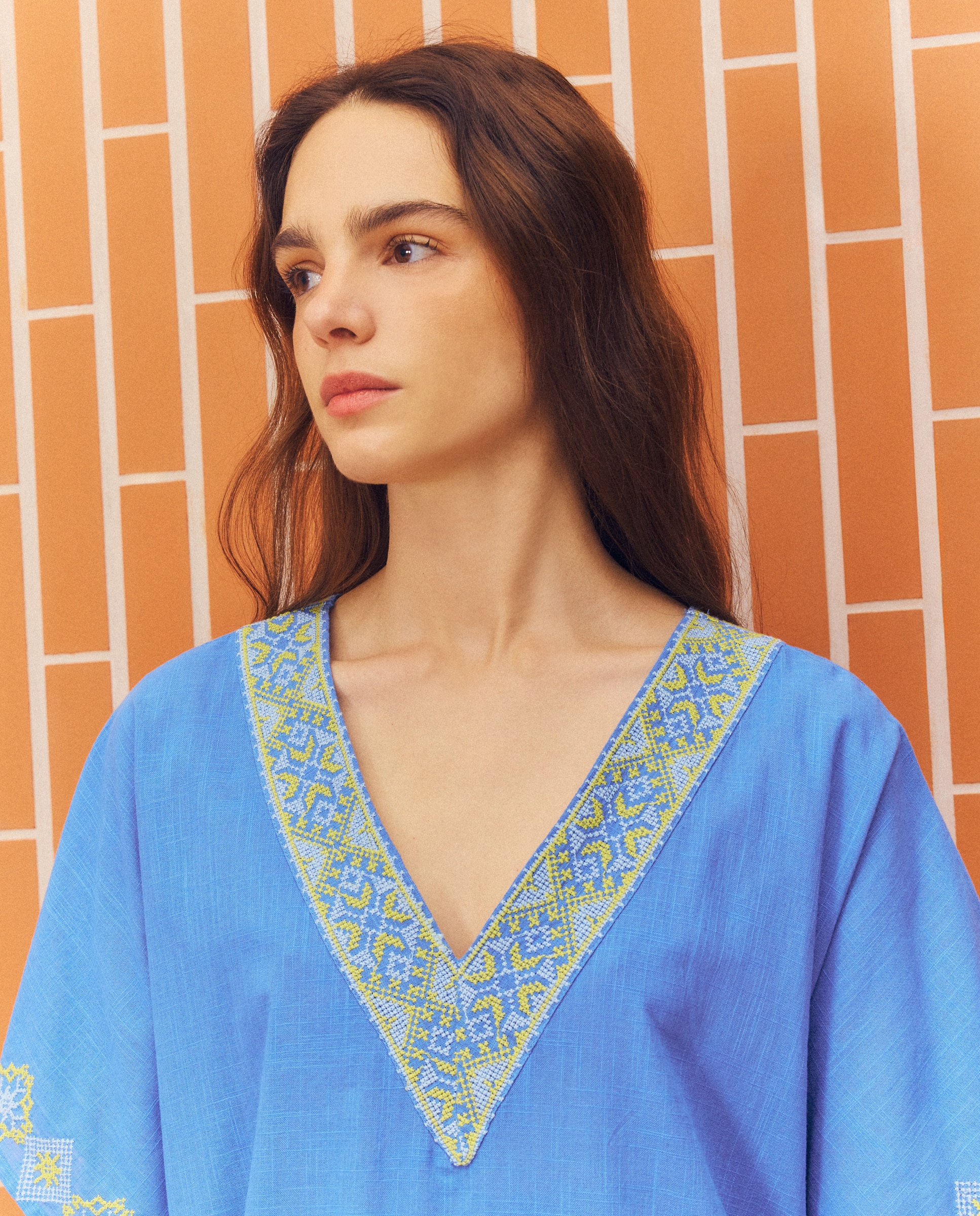 Kaftan Curto de Ponto de Cruz Anil-3
