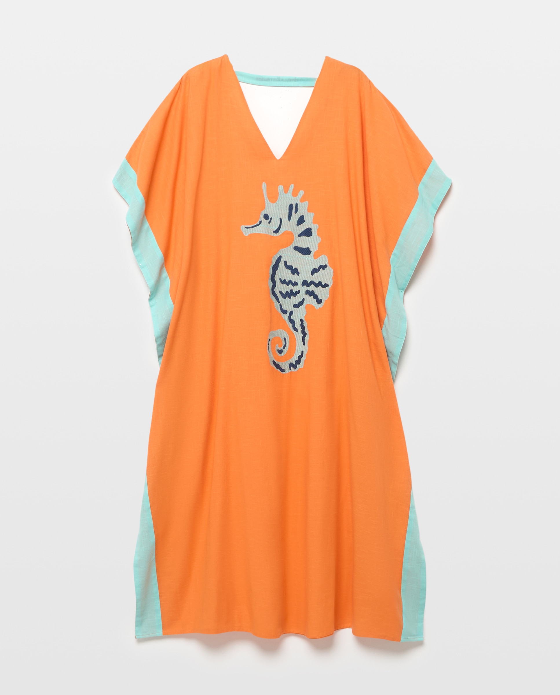 Kaftan Liso com Detalhes de Cavalos-Marinhos Laranja-4