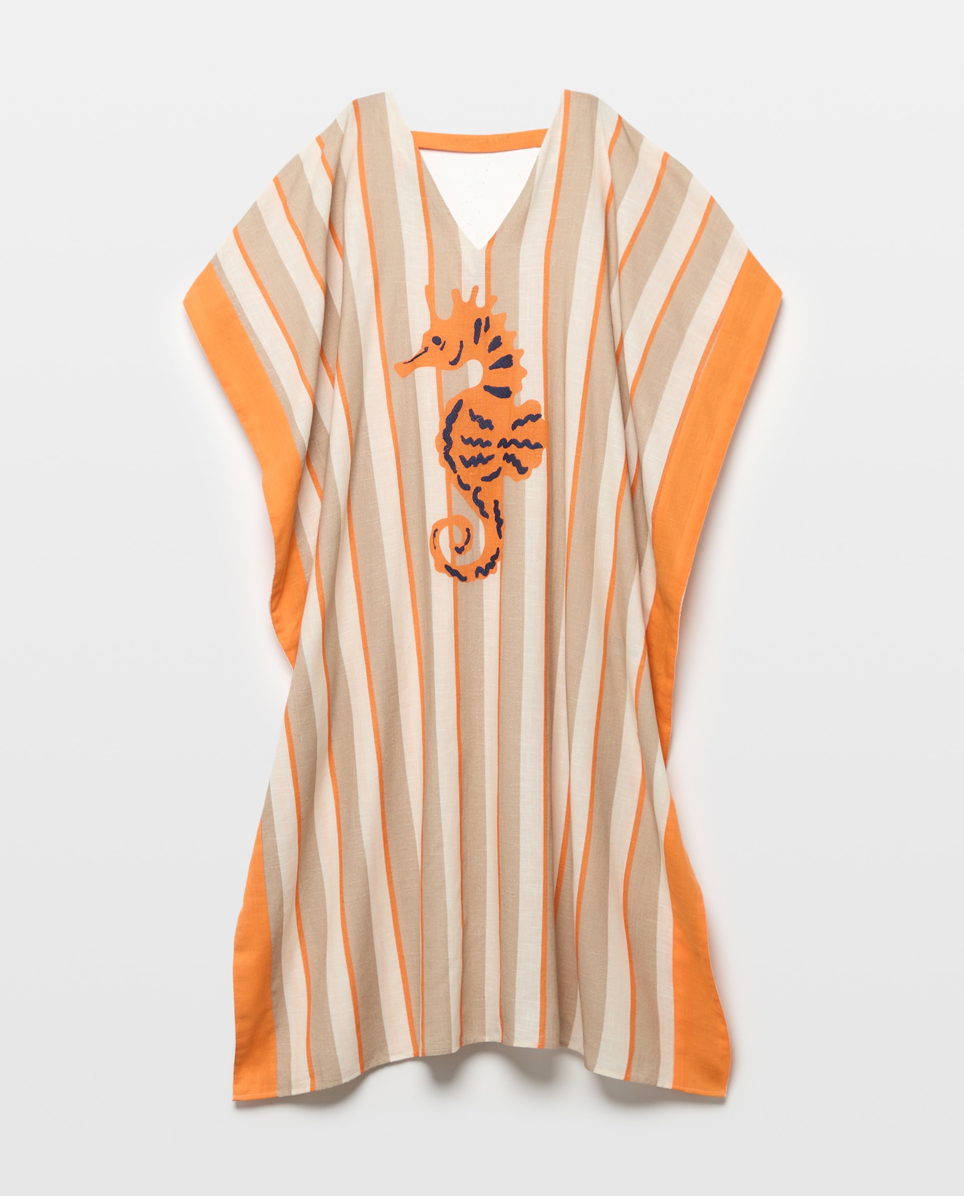 Kaftan às Riscas com Detalhes de Cavalos-Marinhos Castanho-4
