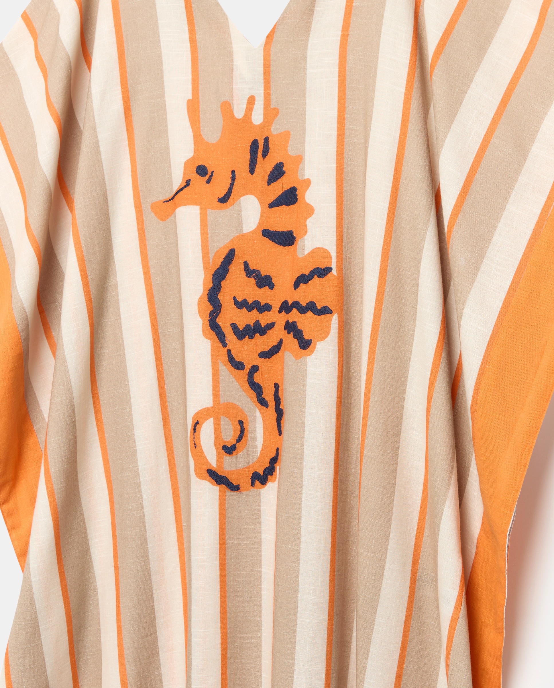 Kaftan às Riscas com Detalhes de Cavalos-Marinhos Castanho-5