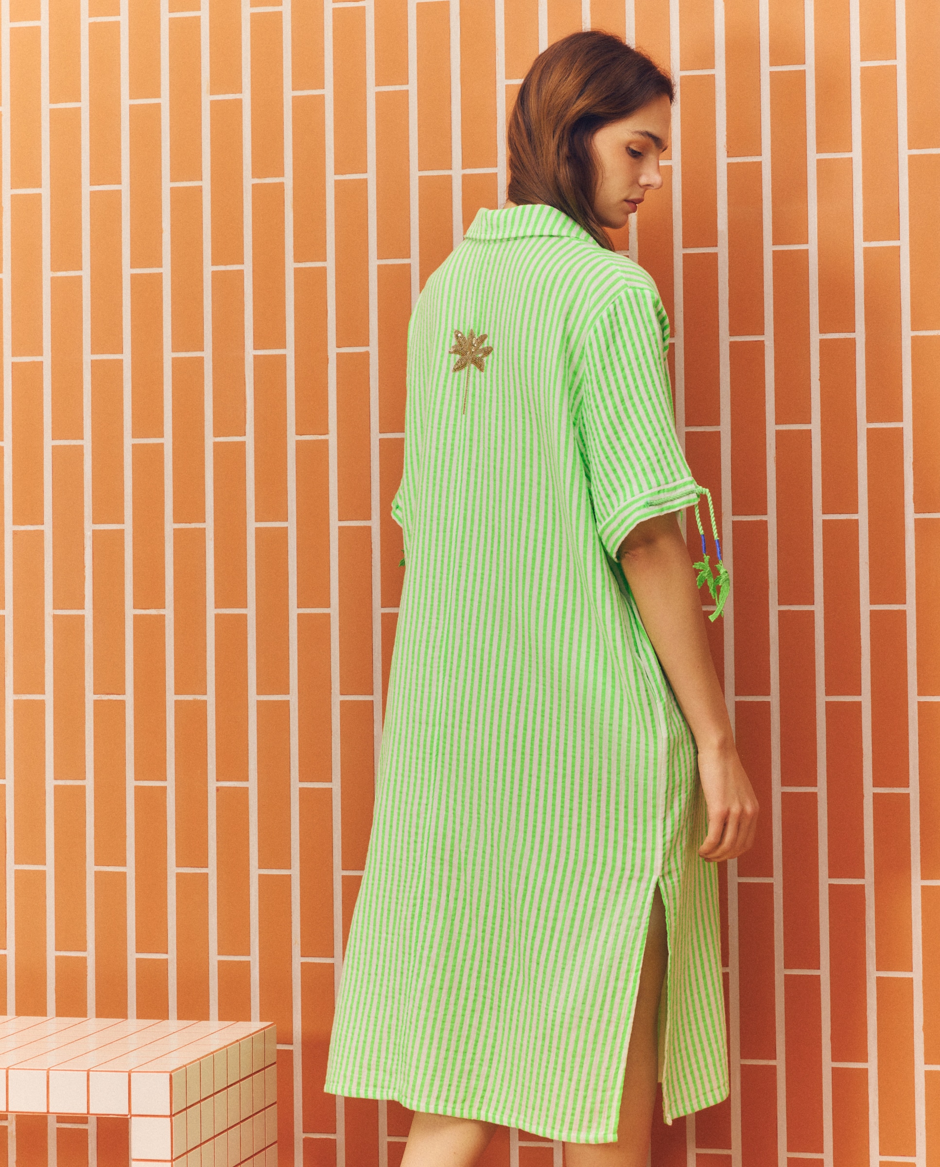 Kaftan com Estampado às Riscas Verde-flúor-4