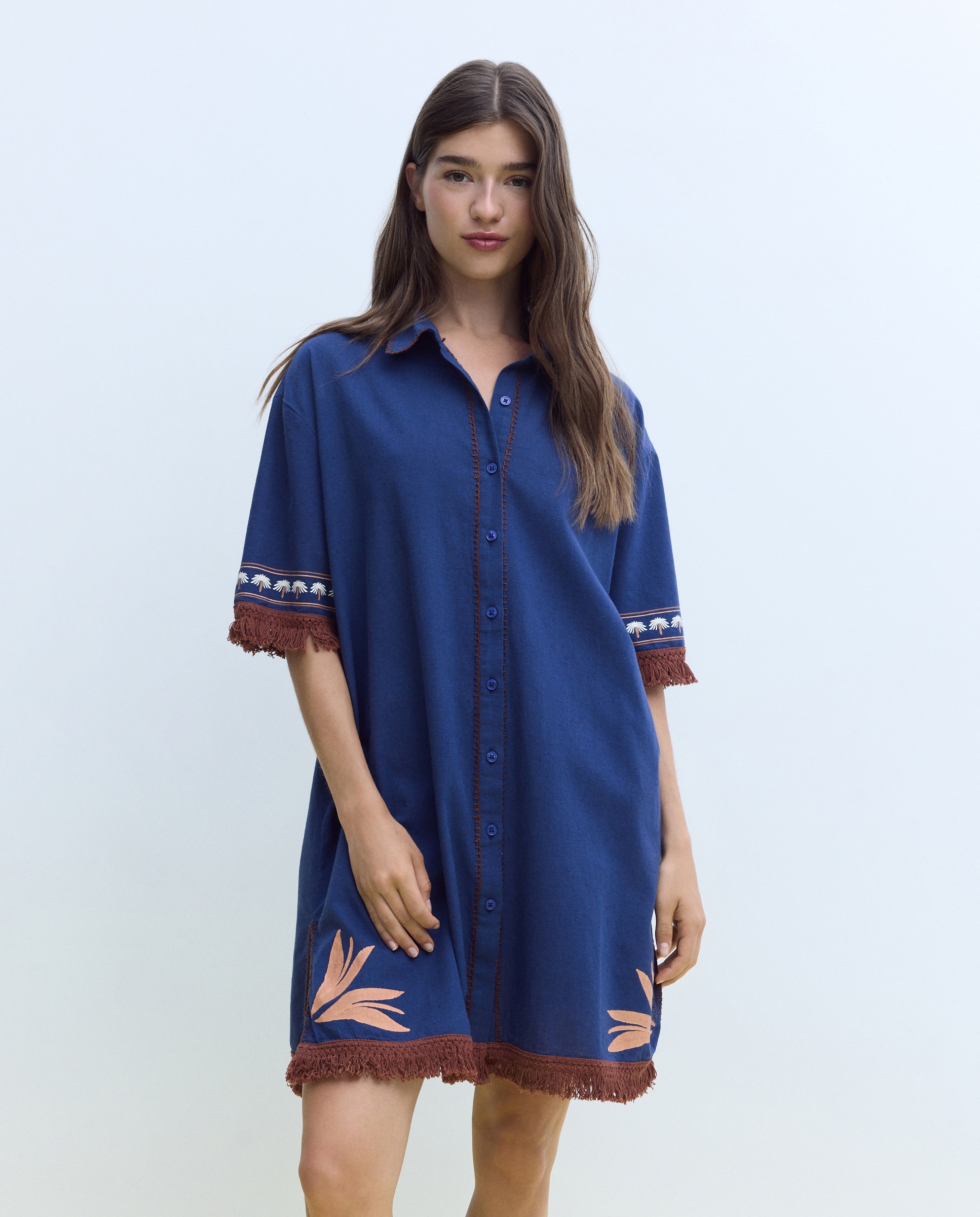 Vestido Camiseiro com Detalhe de Franjas 440 Azulão-2