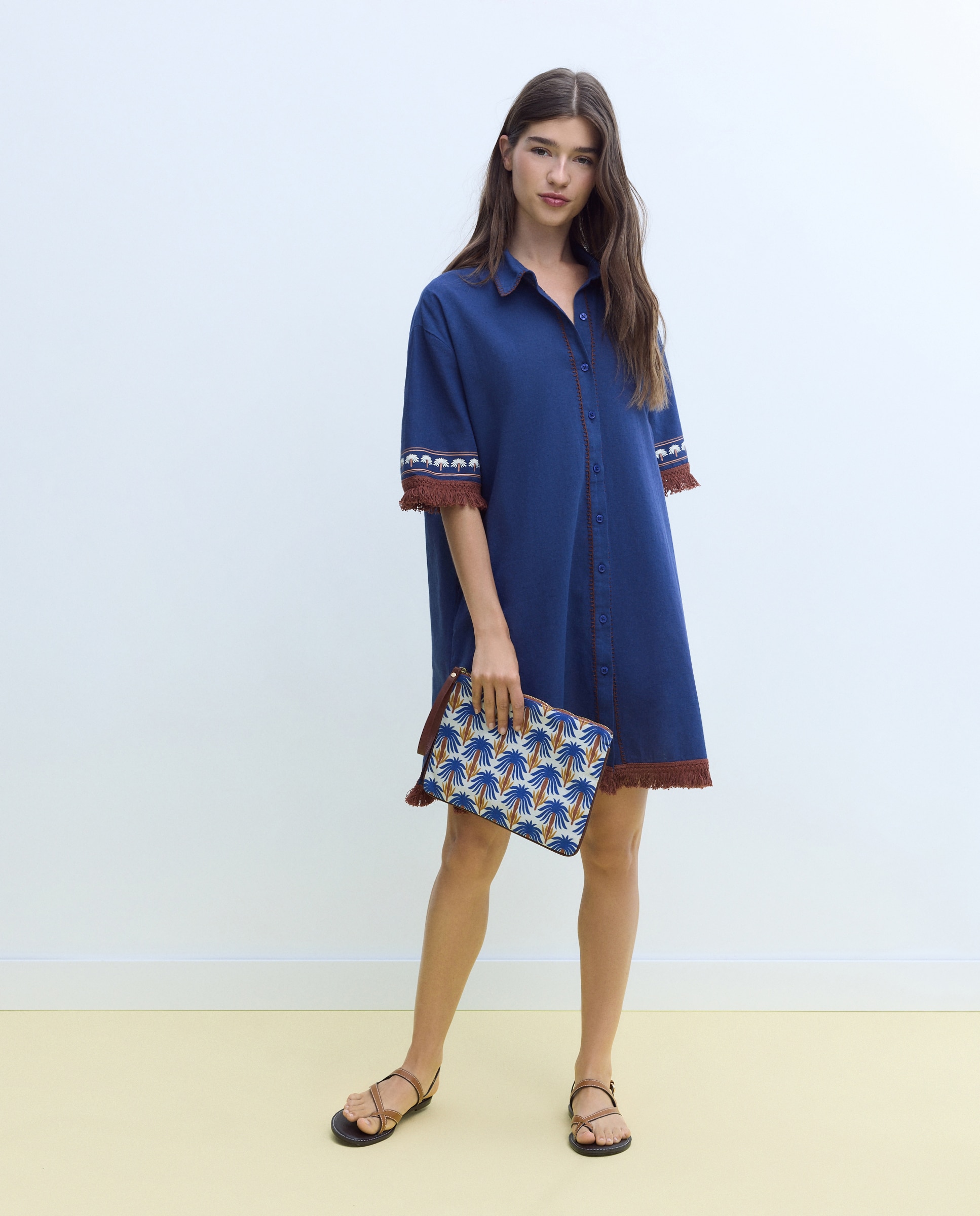 Vestido Camiseiro com Detalhe de Franjas 440 Azulão-4