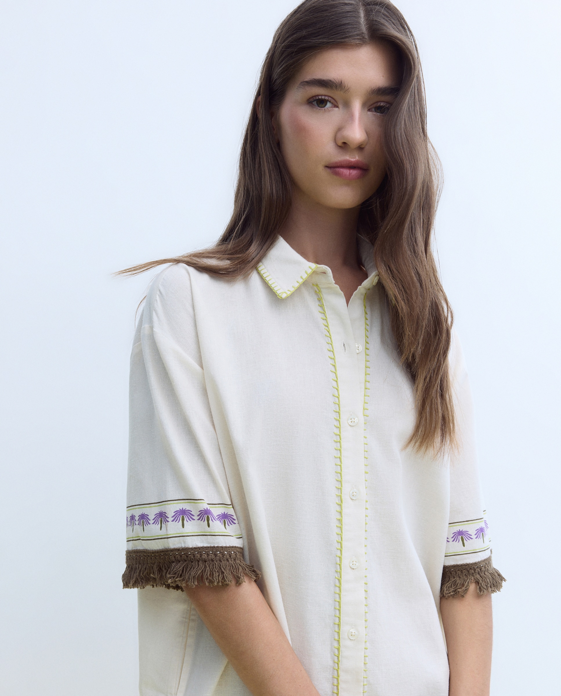 Vestido Camiseiro com Detalhe de Franjas 120 Cru-3