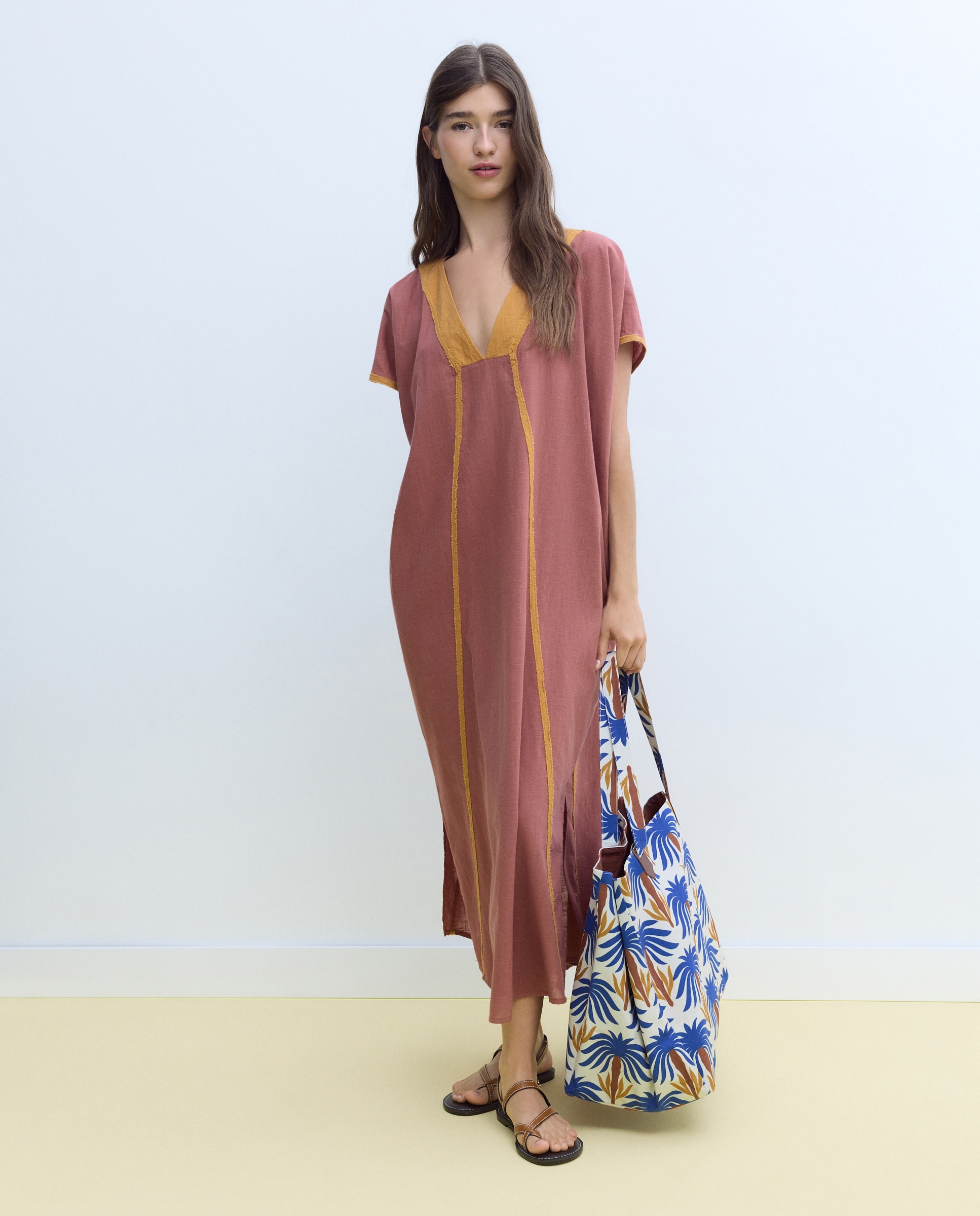 Kaftan de Algodão com Trabalho Bordado Torrado-2