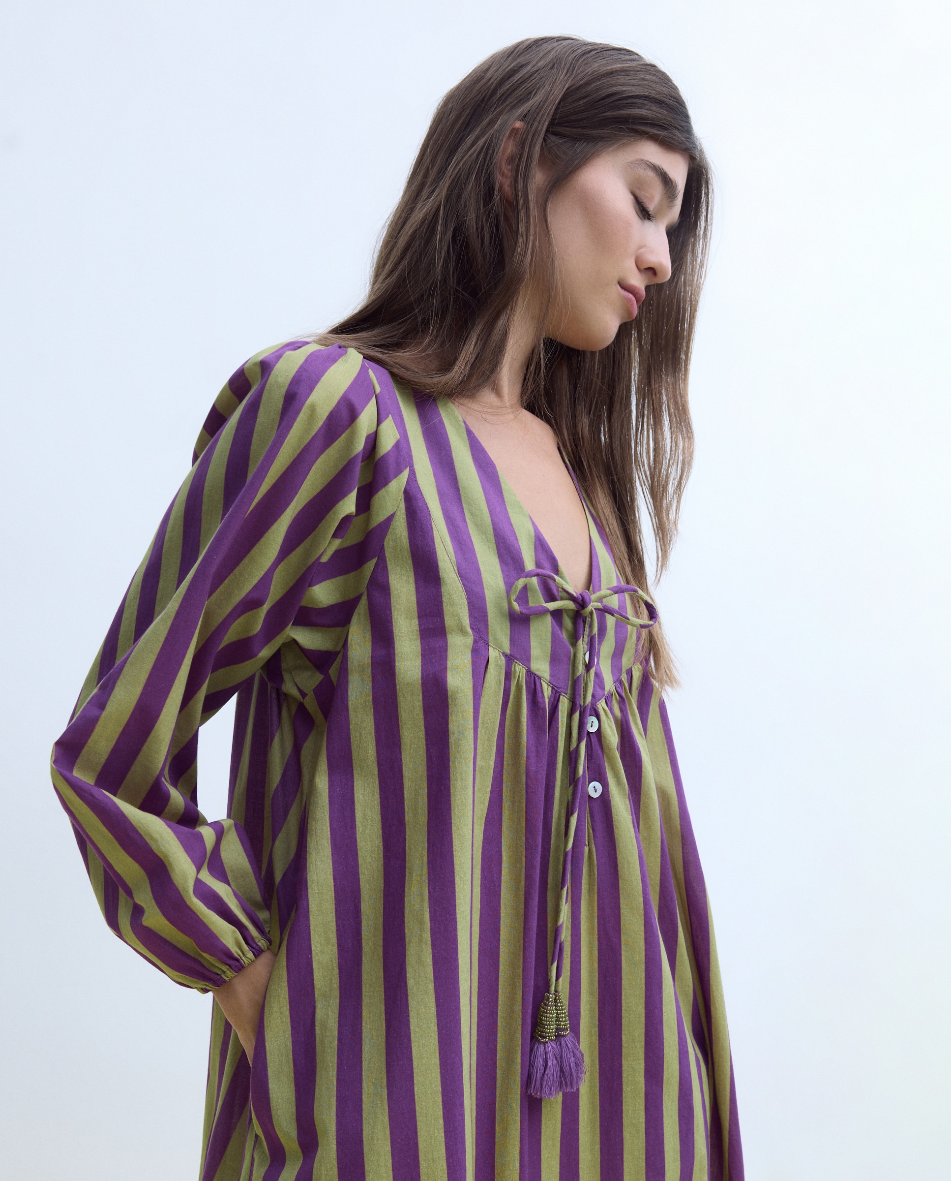 Vestido com Estampado às Riscas Roxo-2