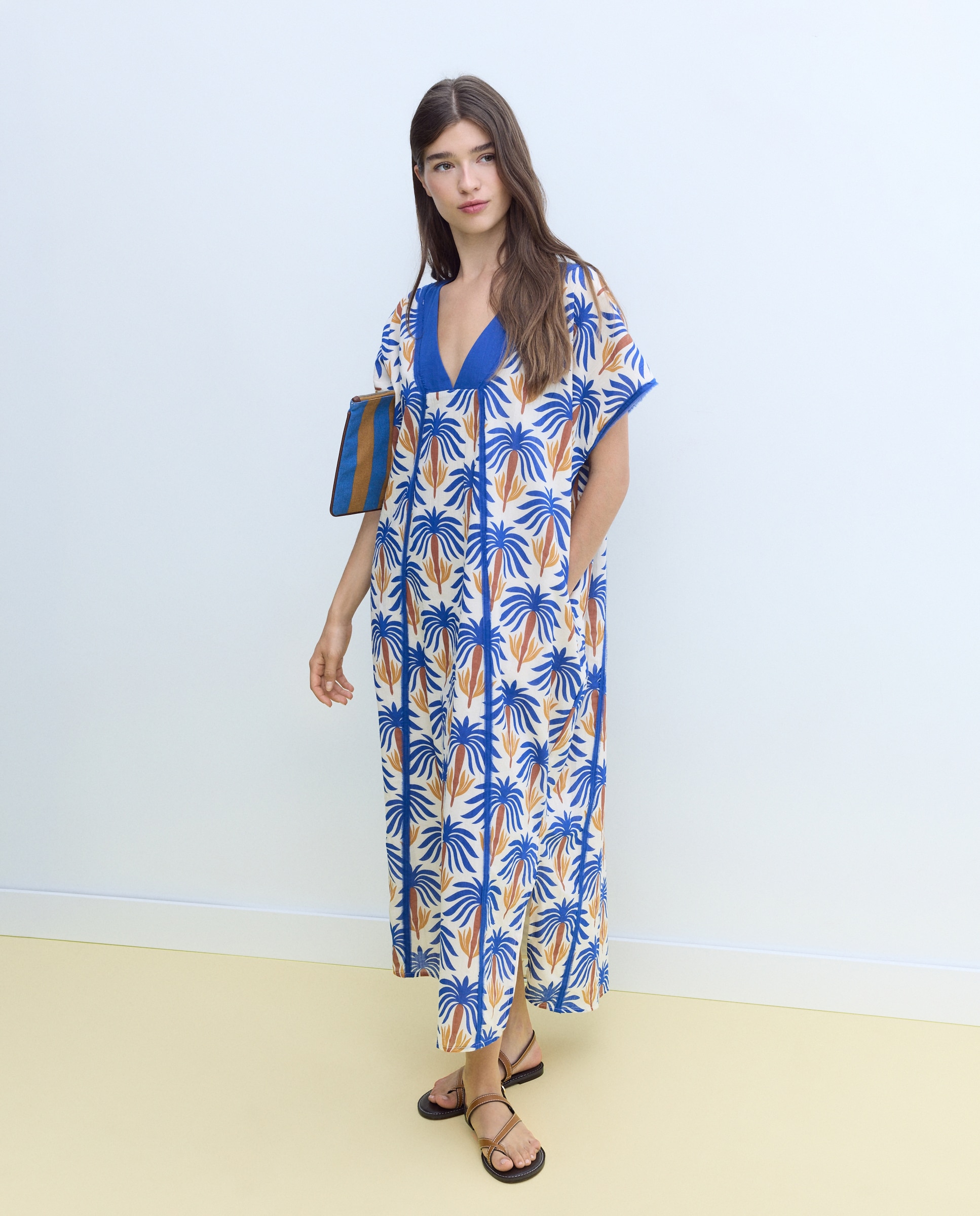 Kaftan de Algodão com Estampado Tropical 440 Azulão-2