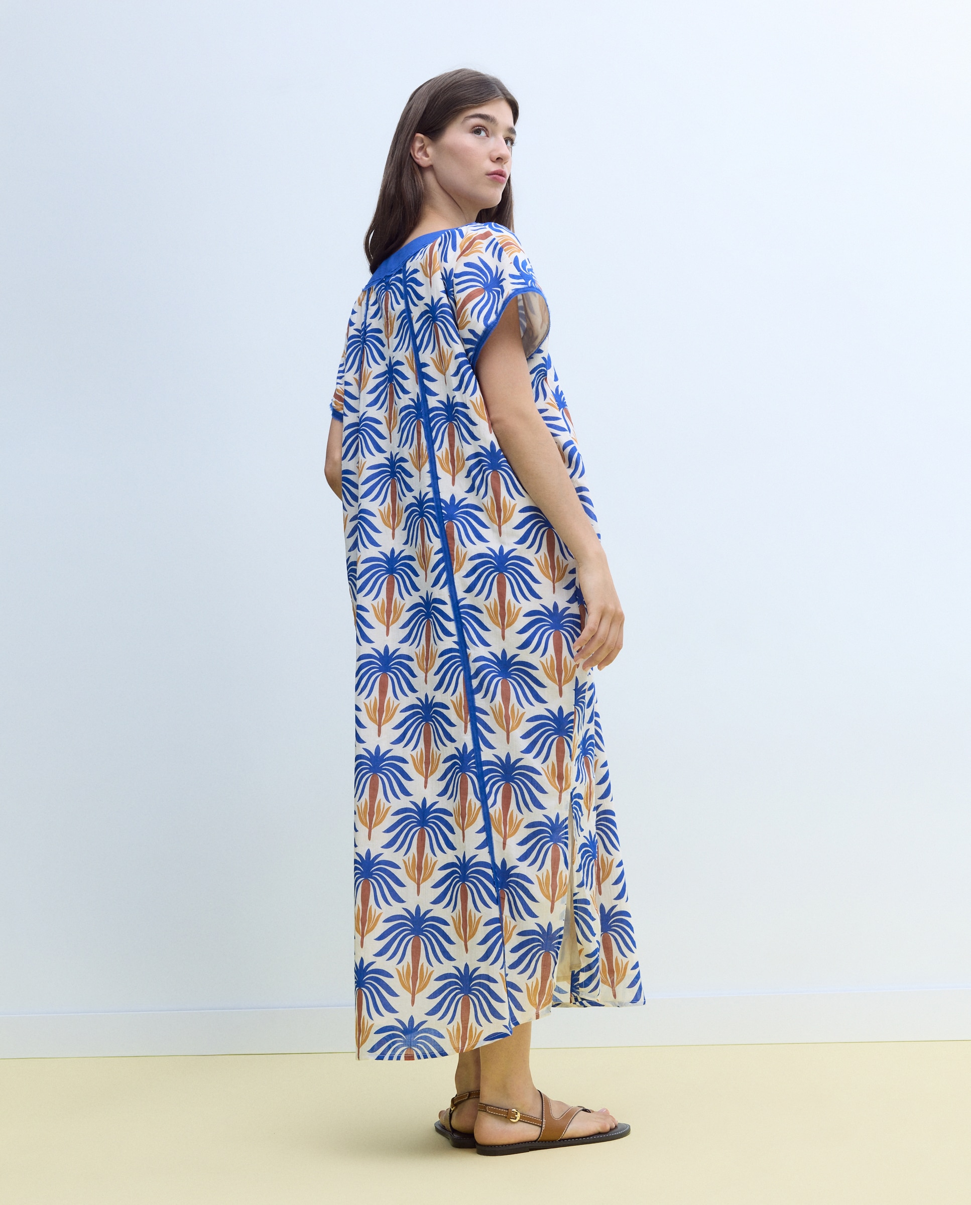 Kaftan de Algodão com Estampado Tropical 440 Azulão-3