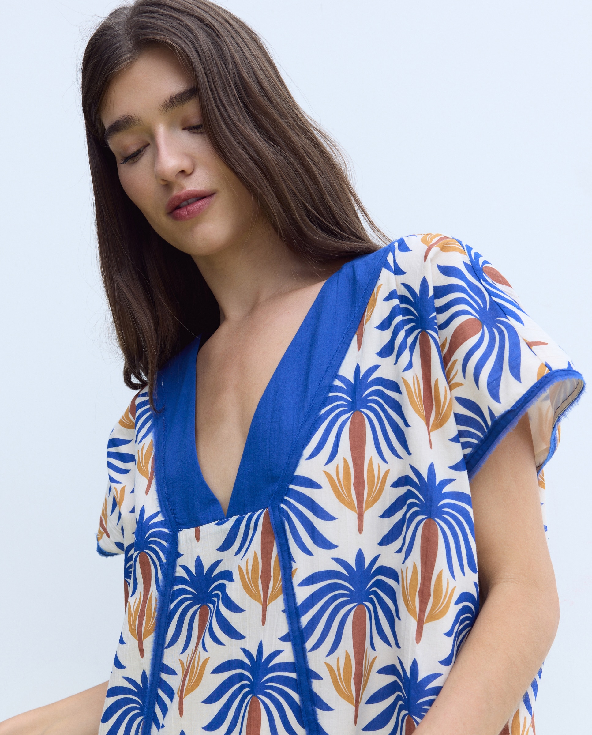 Kaftan de Algodão com Estampado Tropical 440 Azulão-4