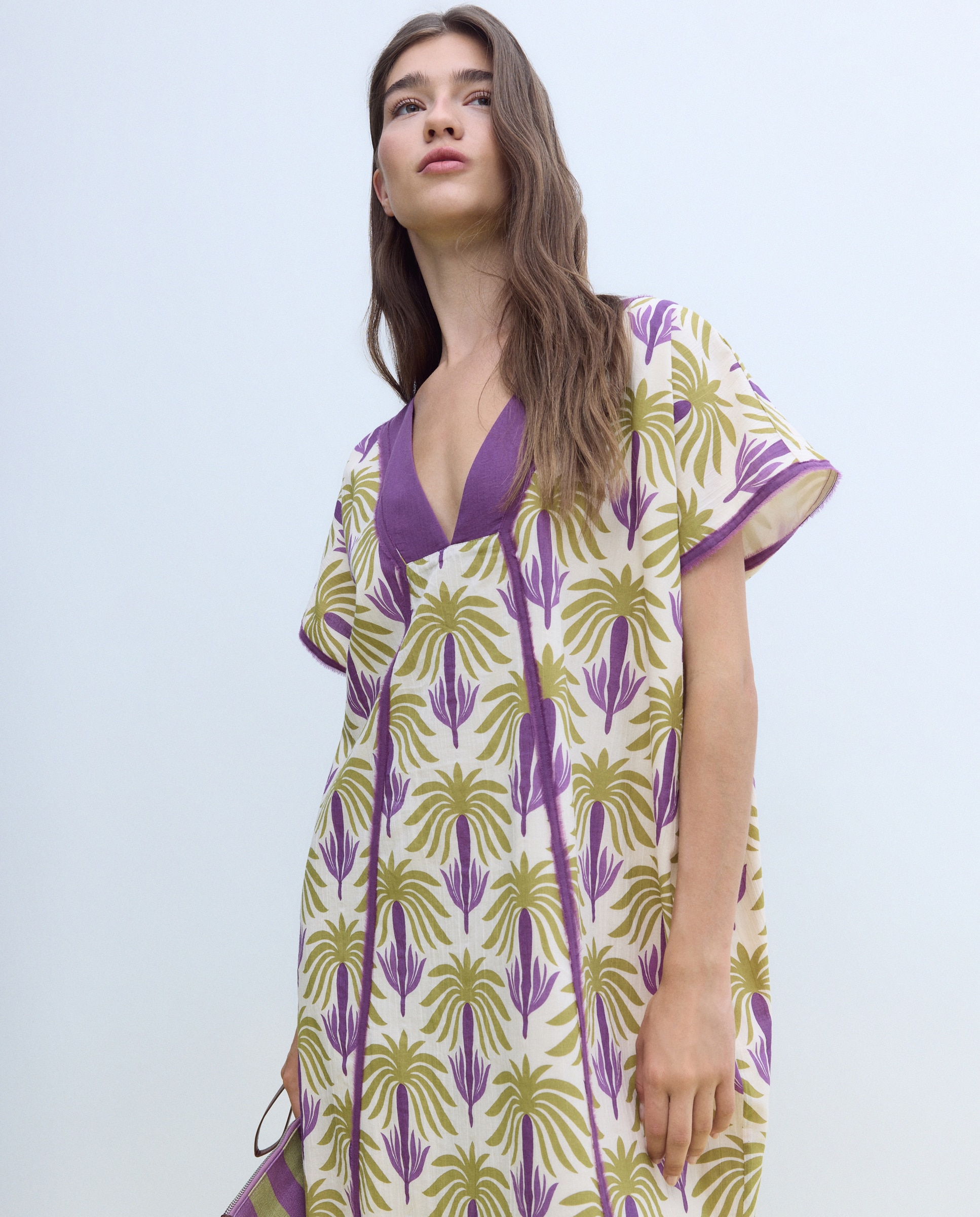 Kaftan de Algodão com Estampado Tropical Roxo-2