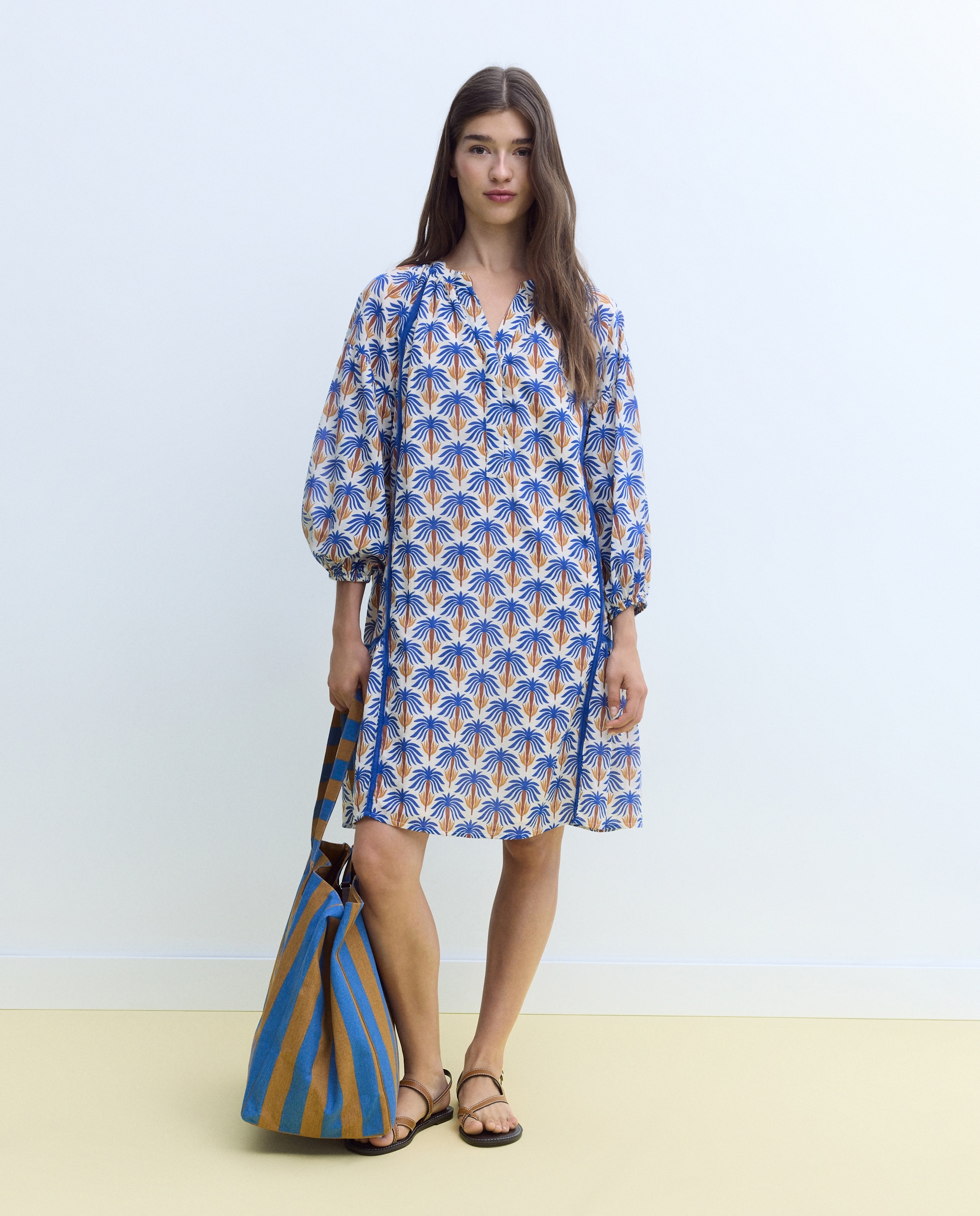 Vestido de Algodão com Estampado Tropical 440 Azulão-2