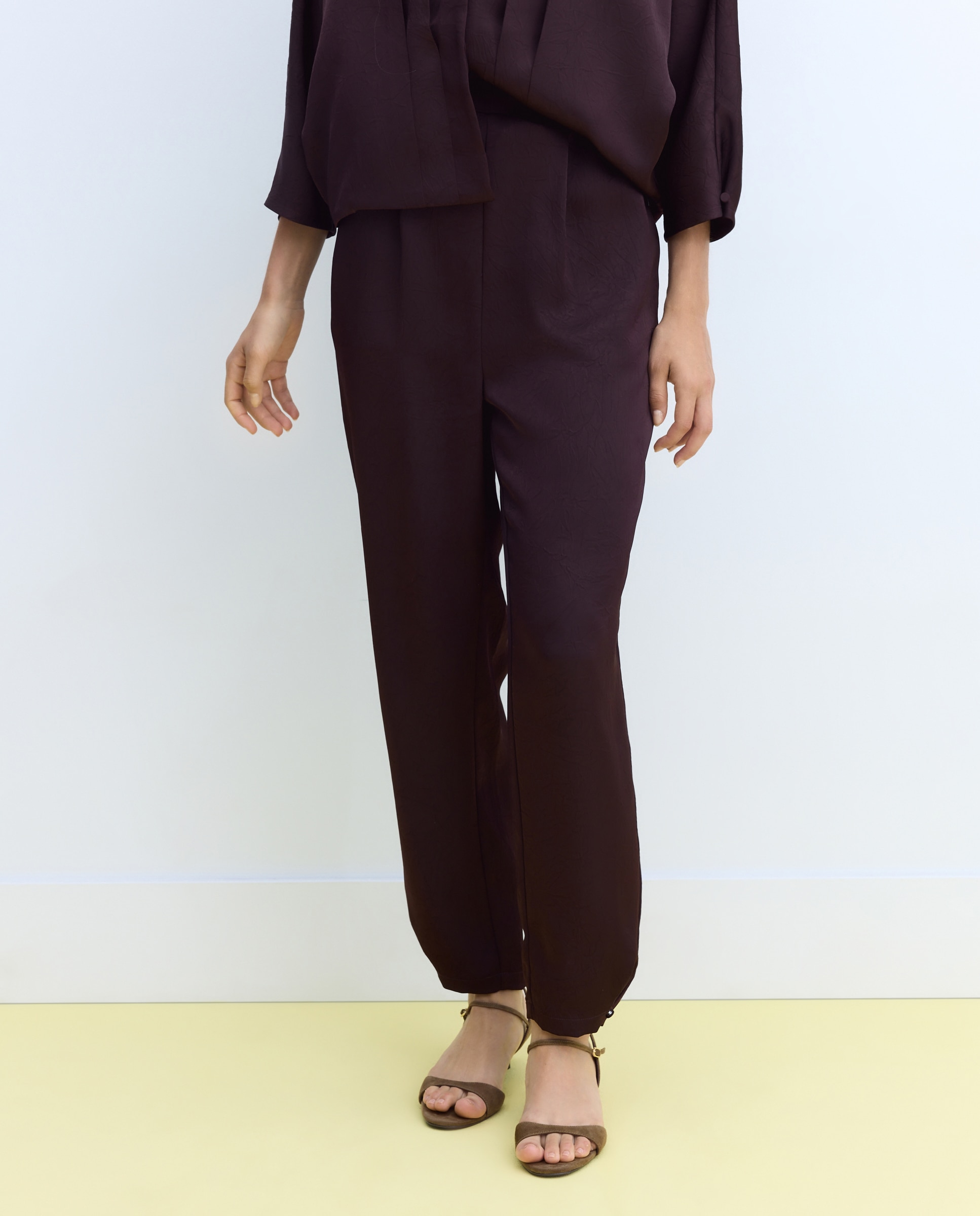Pantalón de mujer con detalle de pliegues - Stella Rittwagen - Marrón Marrón-2