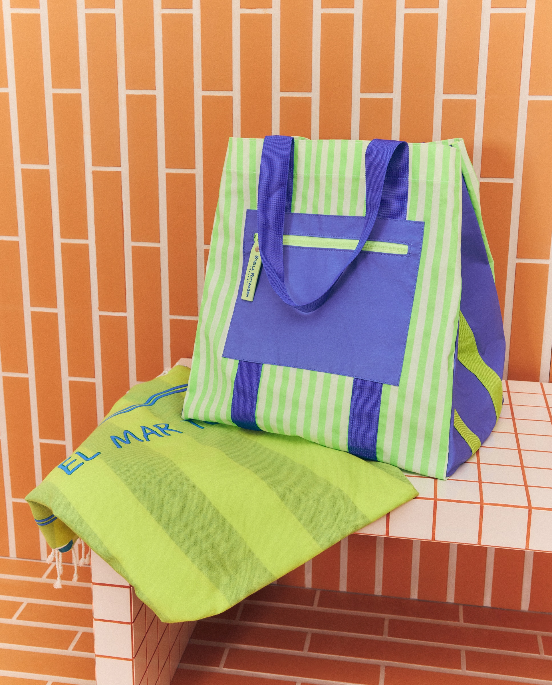 Saco de Praia com Estampado às Riscas Verde-5