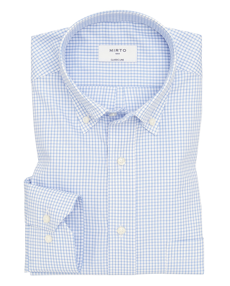 Camisa Clássica aos Quadrados com Colarinho com Botões Azul-claro-3