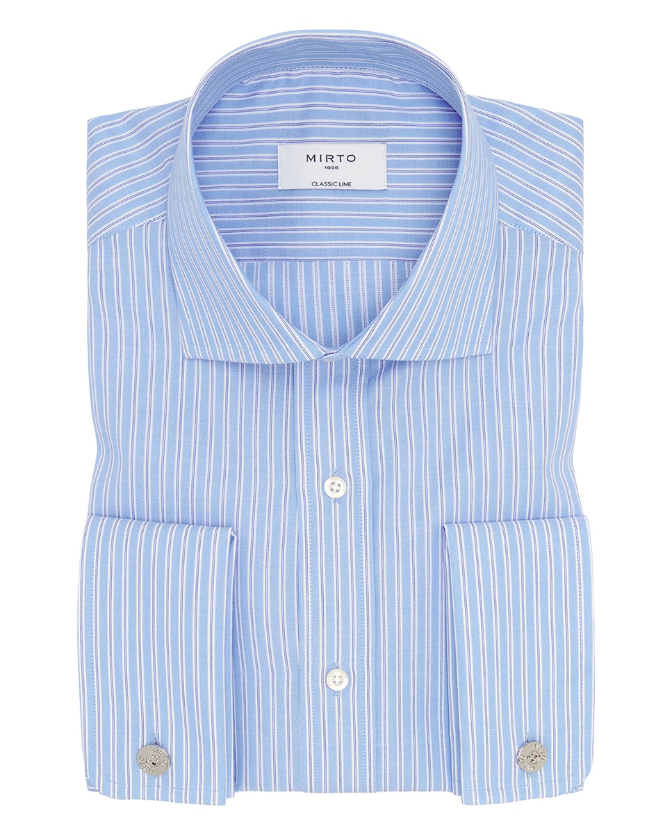 Camisa Clássica às Riscas com Manga Comprida Azul-3