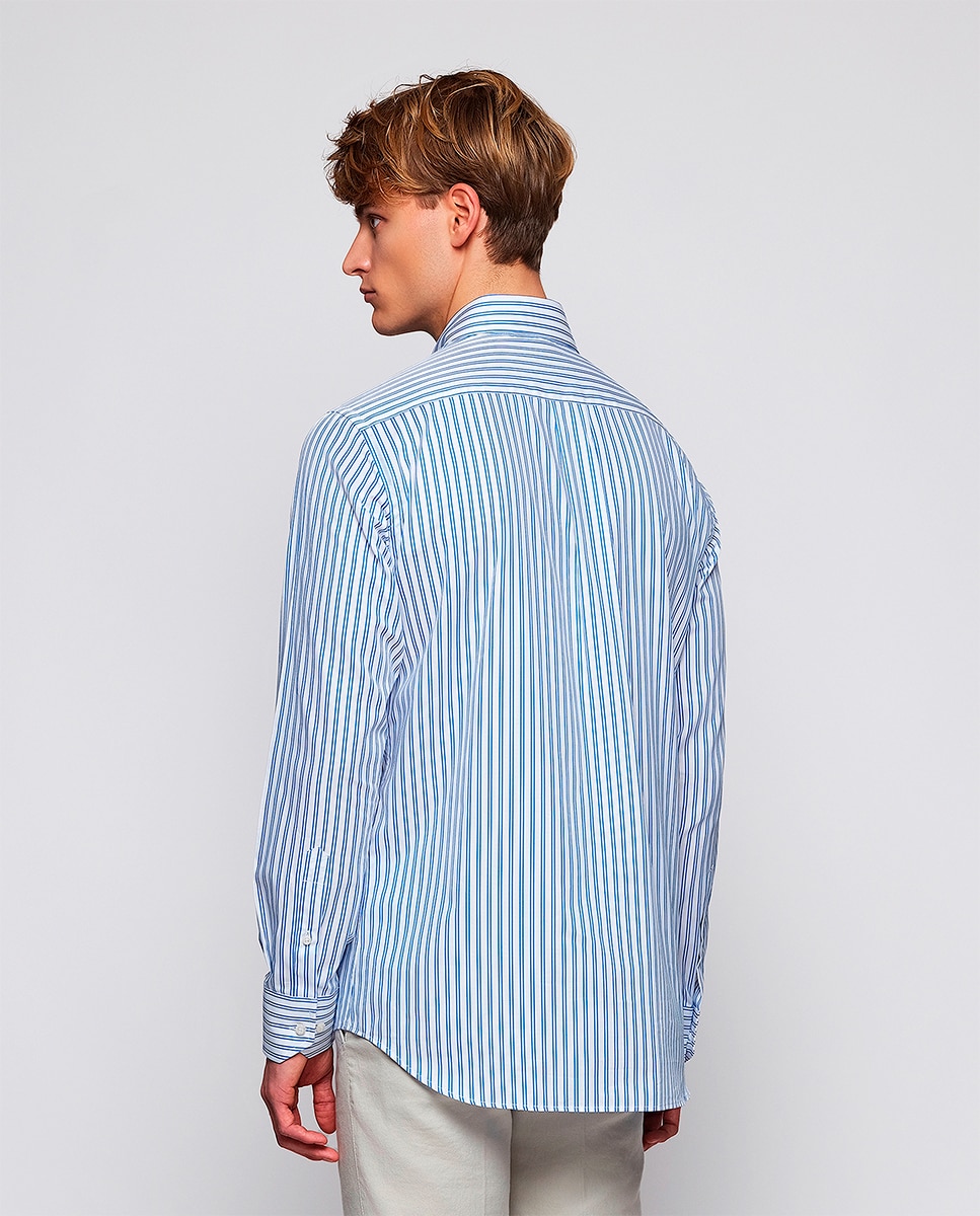 Camisa Clássica às Riscas com Colarinho com Botões Azul-2