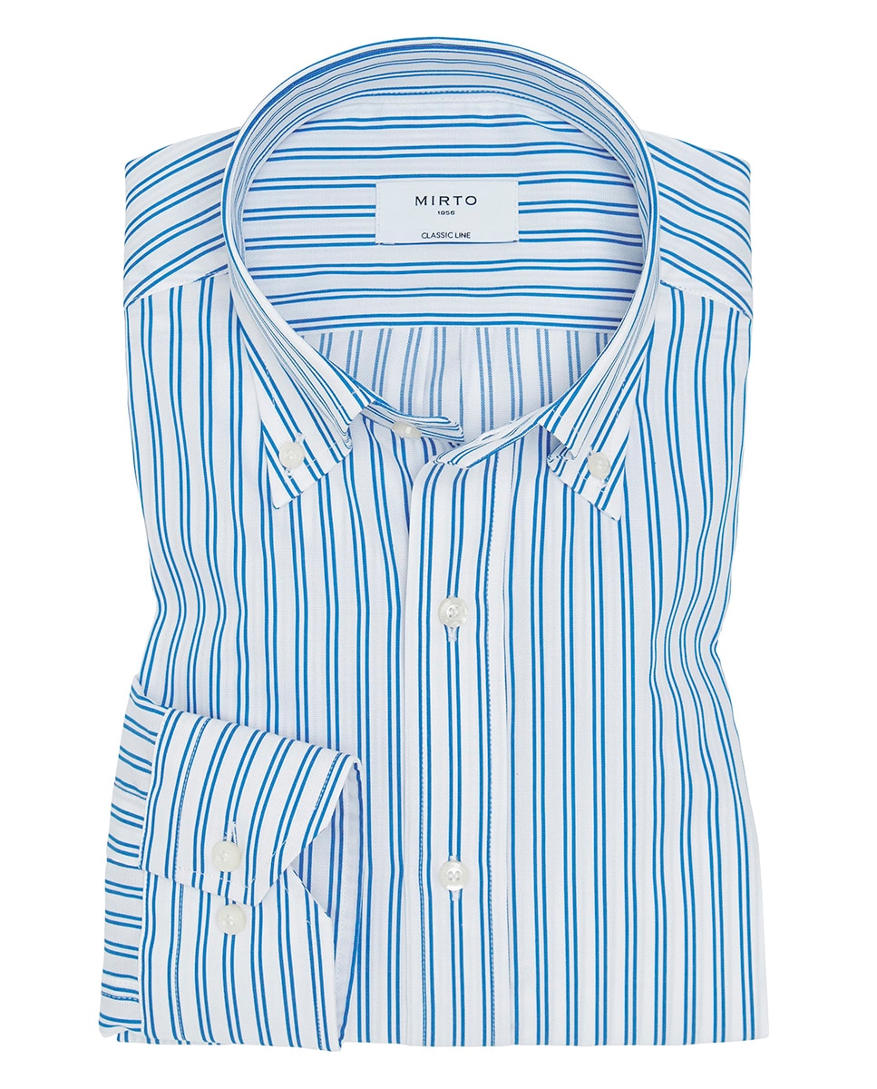 Camisa Clássica às Riscas com Colarinho com Botões Azul-3