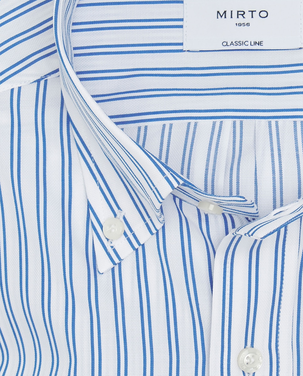 Camisa Clássica às Riscas com Colarinho com Botões Azul-4