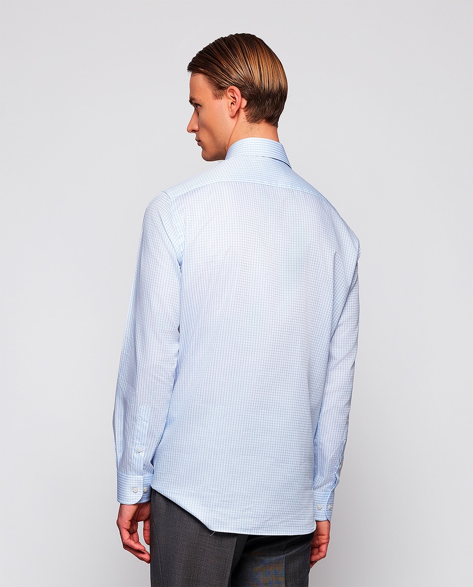 Camisa Clássica aos Quadrados com Manga Comprida Azul-claro-2