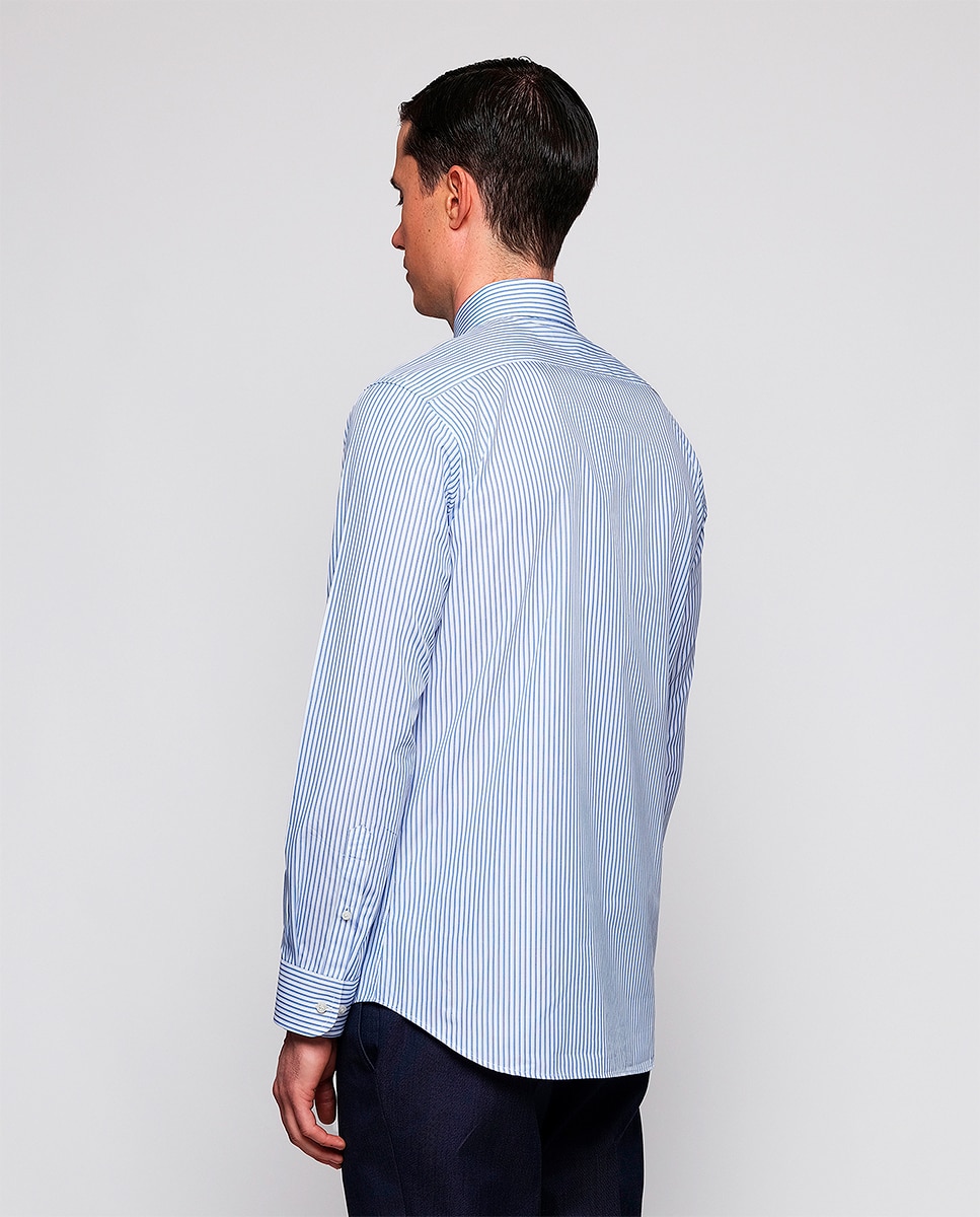Camisa Clássica às Riscas com Manga Comprida Azul-2