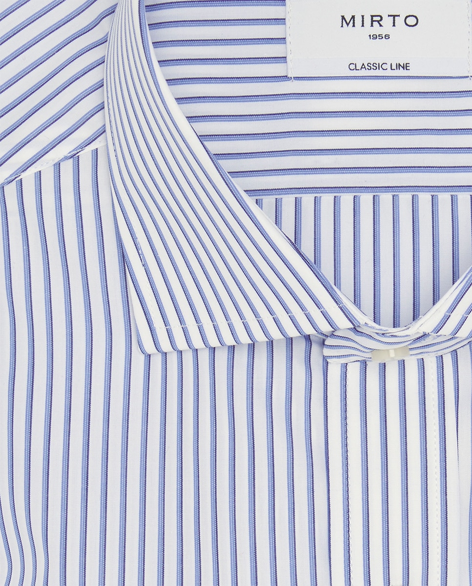 Camisa Clássica às Riscas com Manga Comprida Azul-4
