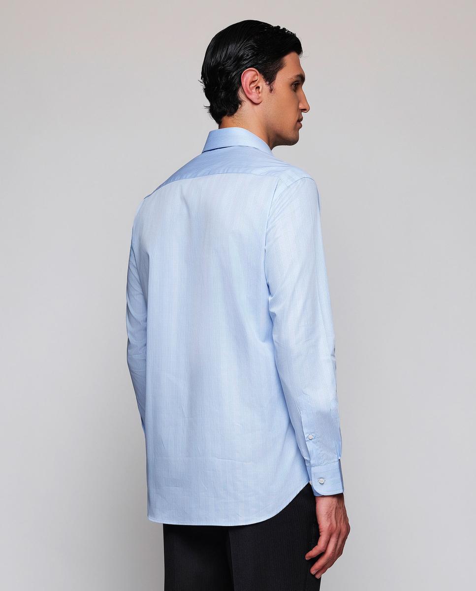 Camisa Clássica aos Quadrados com Punho Misto de Algodão Azul-claro-2