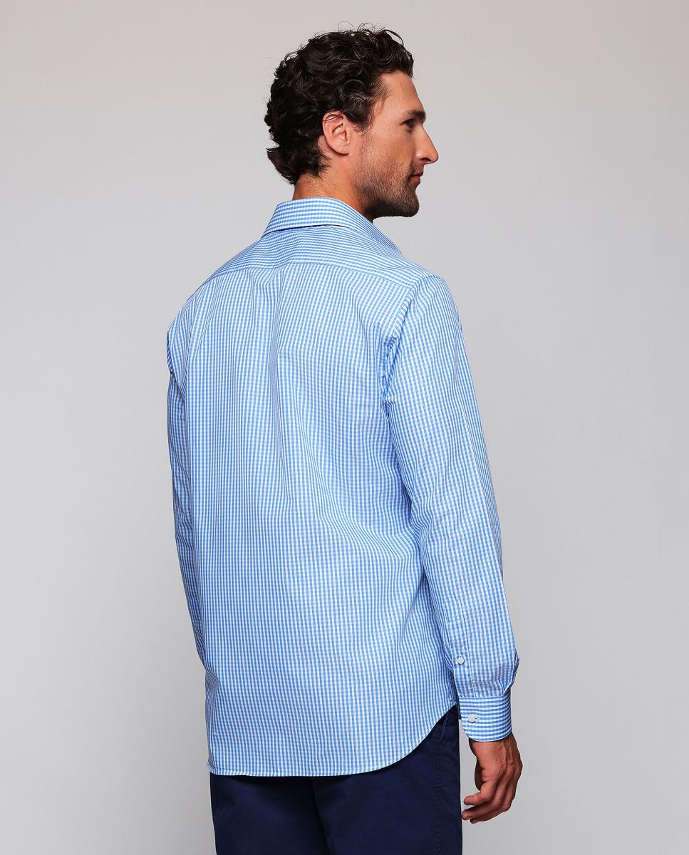 Camisa Clássica aos Quadrados com Punho Misto de Algodão Azul-2