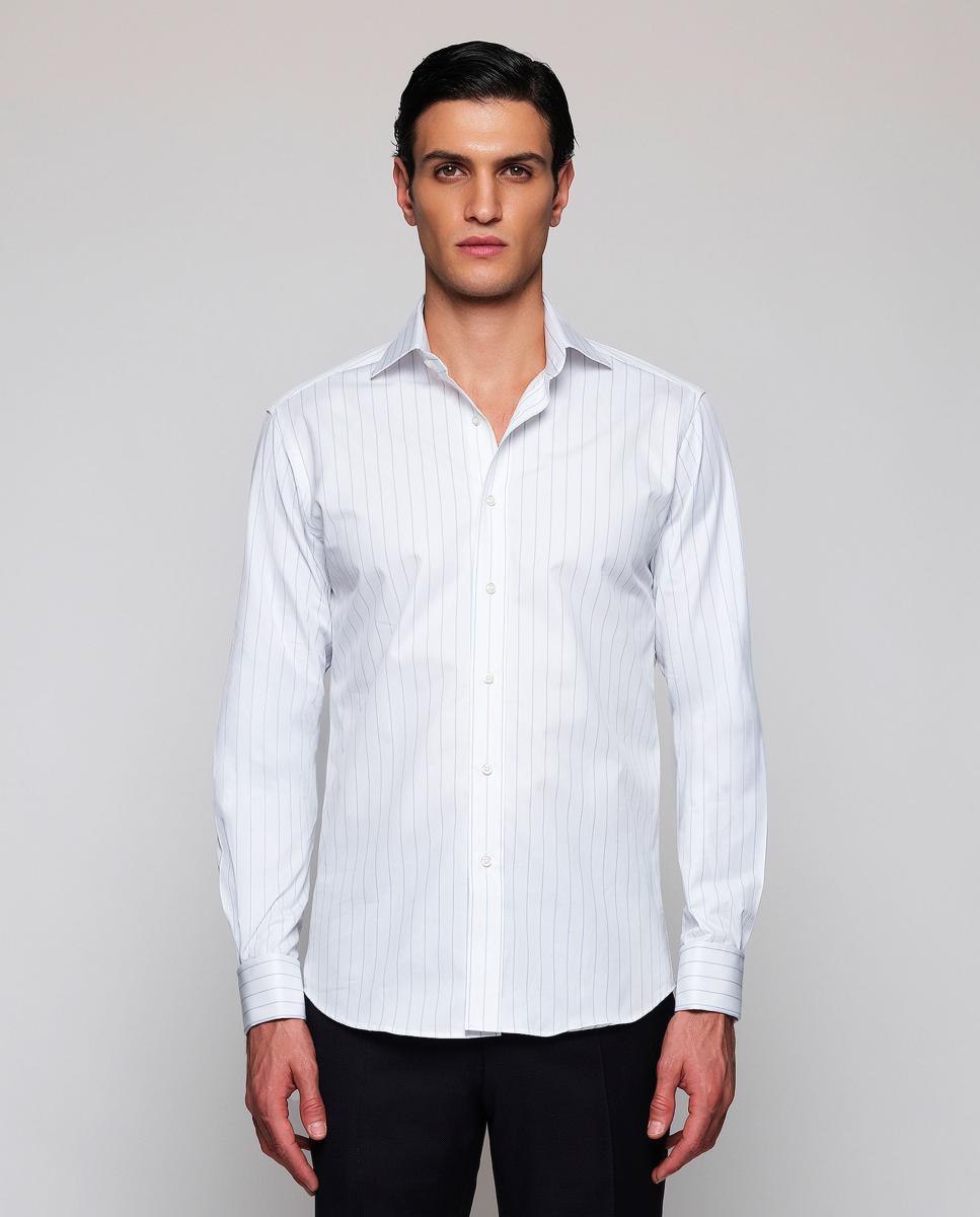Camisa vestir de hombre rayas puño doble de algodón - Mirto - Azul claro Azul claro-1