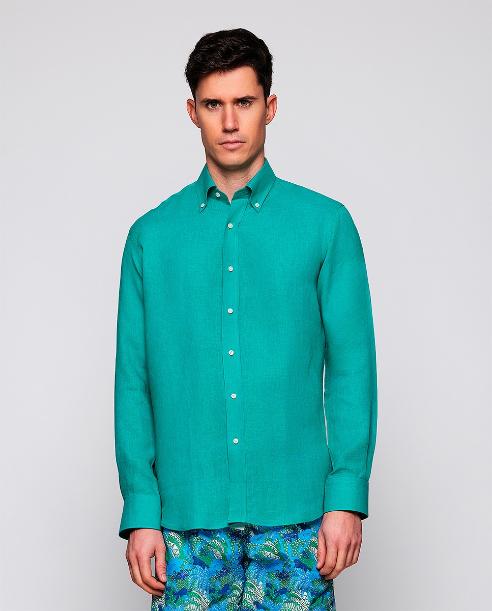 Imagen 0 de Camisa de hombre casual manga larga 100% lino Verde Agua