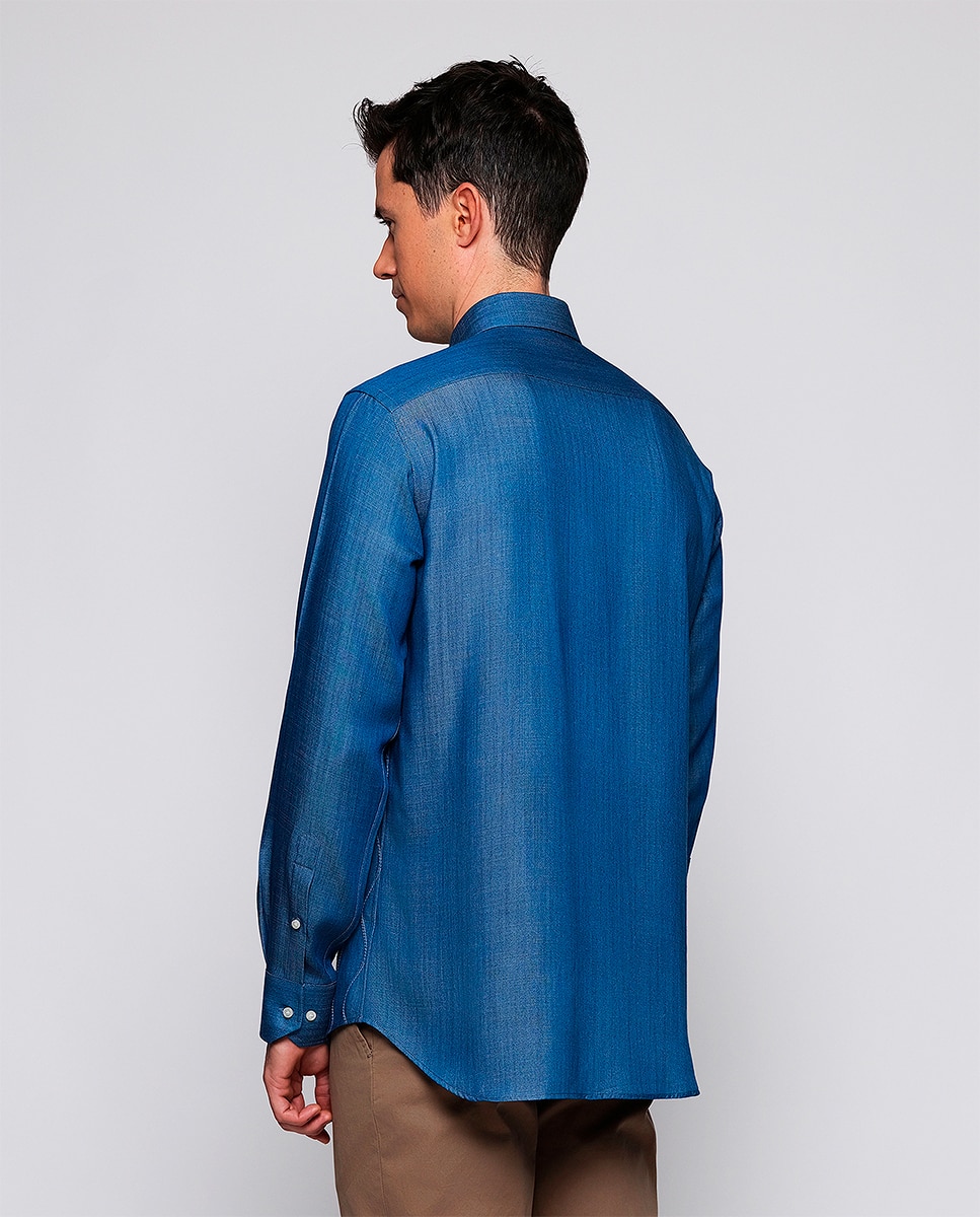 Camisa de Ganga com Manga Comprida e Bordado à Frente Azul-índigo-2