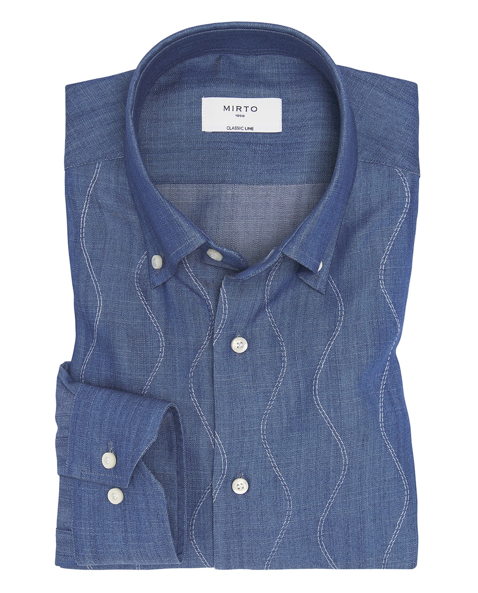 Camisa de Ganga com Manga Comprida e Bordado à Frente Azul-índigo-3