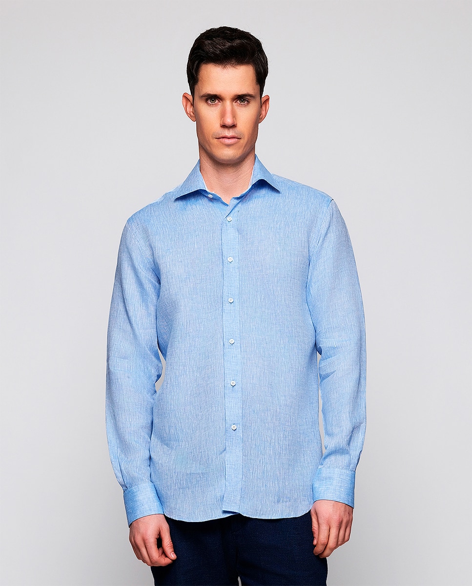 Camisa de hombre casual manga larga de lino - Mirto - Azul Azul-1