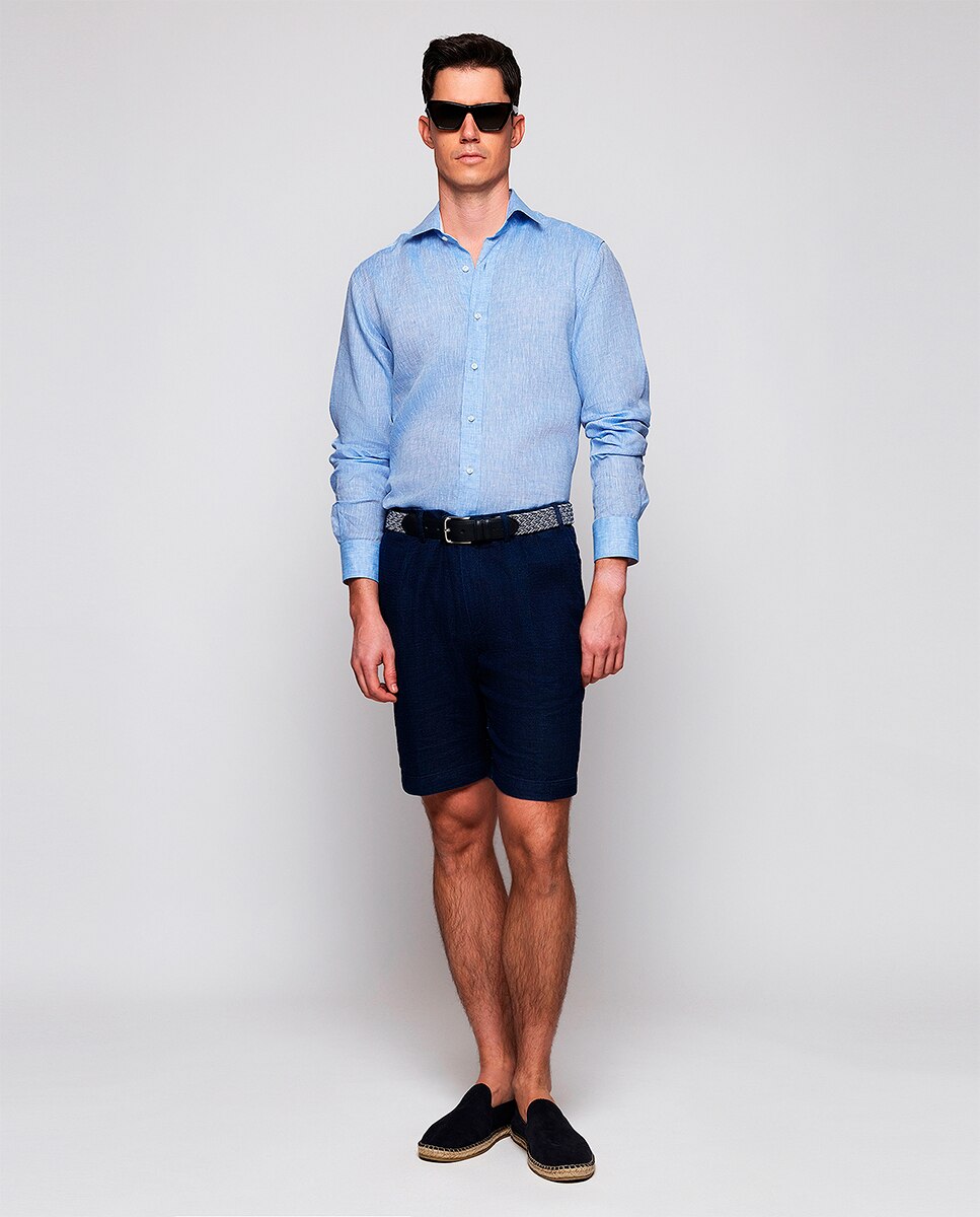 Camisa de hombre casual manga larga de lino - Mirto - Azul Azul-5