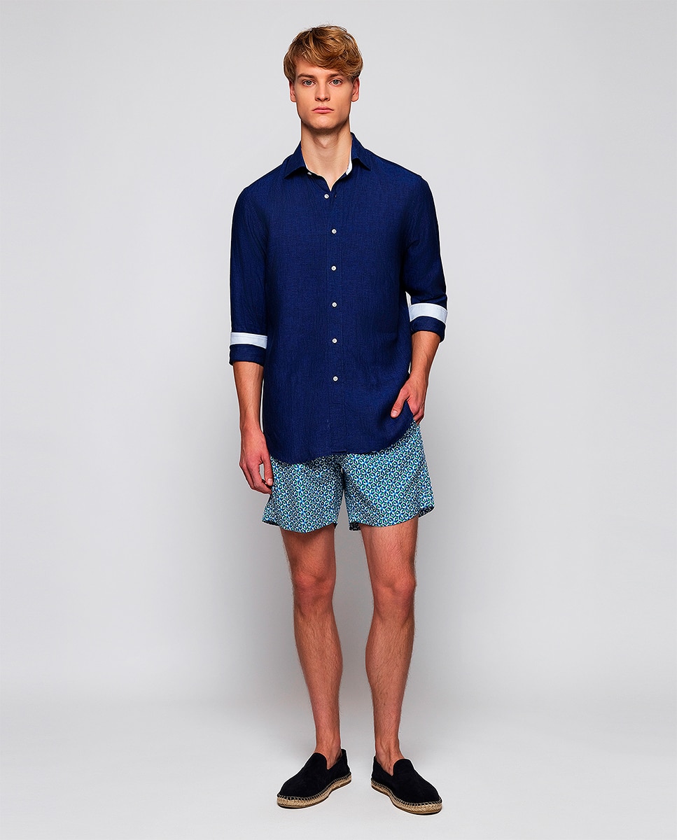 Camisa Casual com Manga Comprida e em Linho Azul-marinho-5