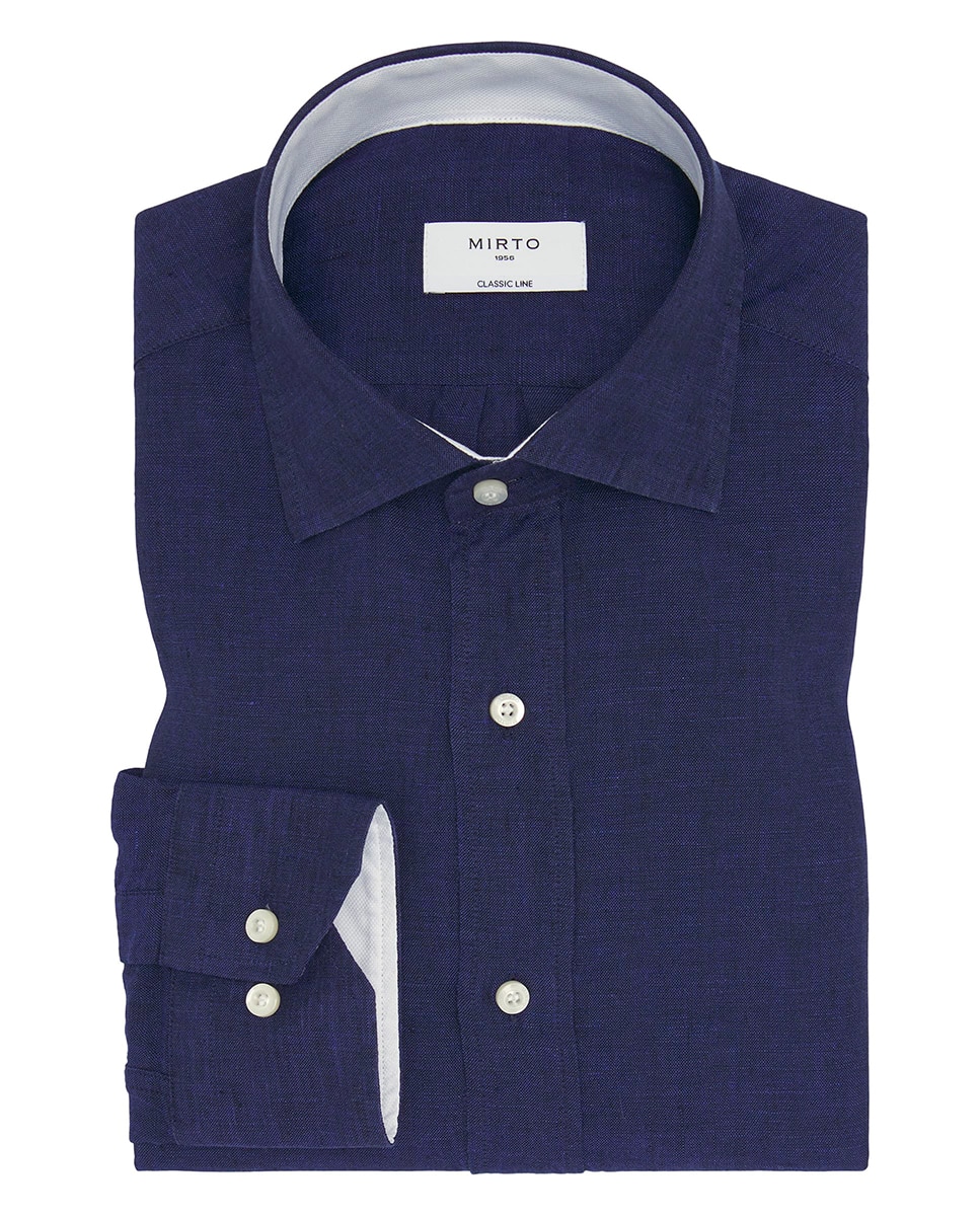 Camisa Casual com Manga Comprida e em Linho Azul-marinho-3