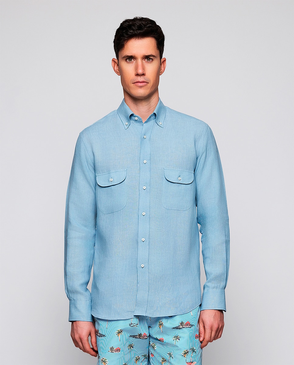 Imagem 0 de Camisa Casual de Linho com Manga Comprida e 2 Bolsos