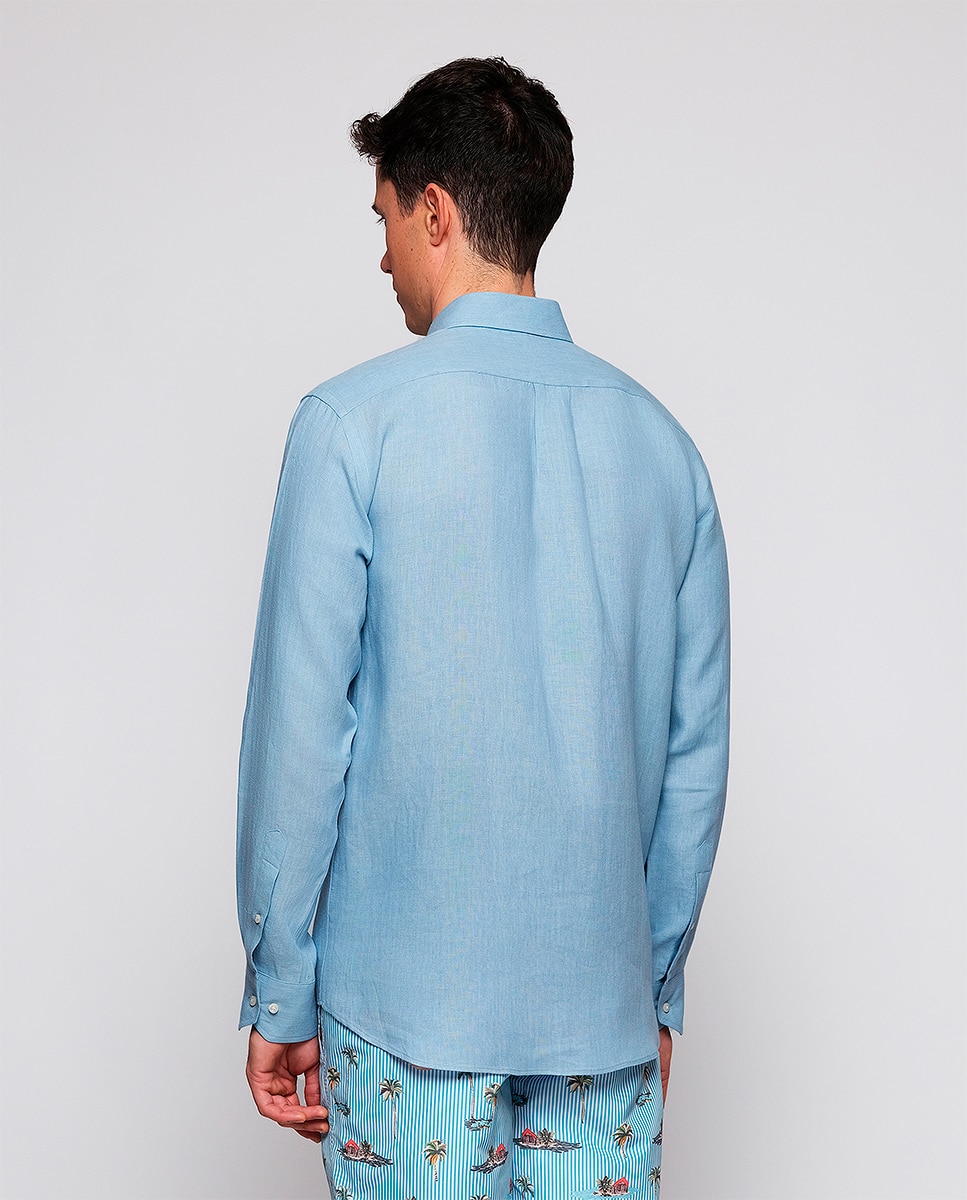 Camisa Casual de Linho com Manga Comprida e 2 Bolsos Azul-2