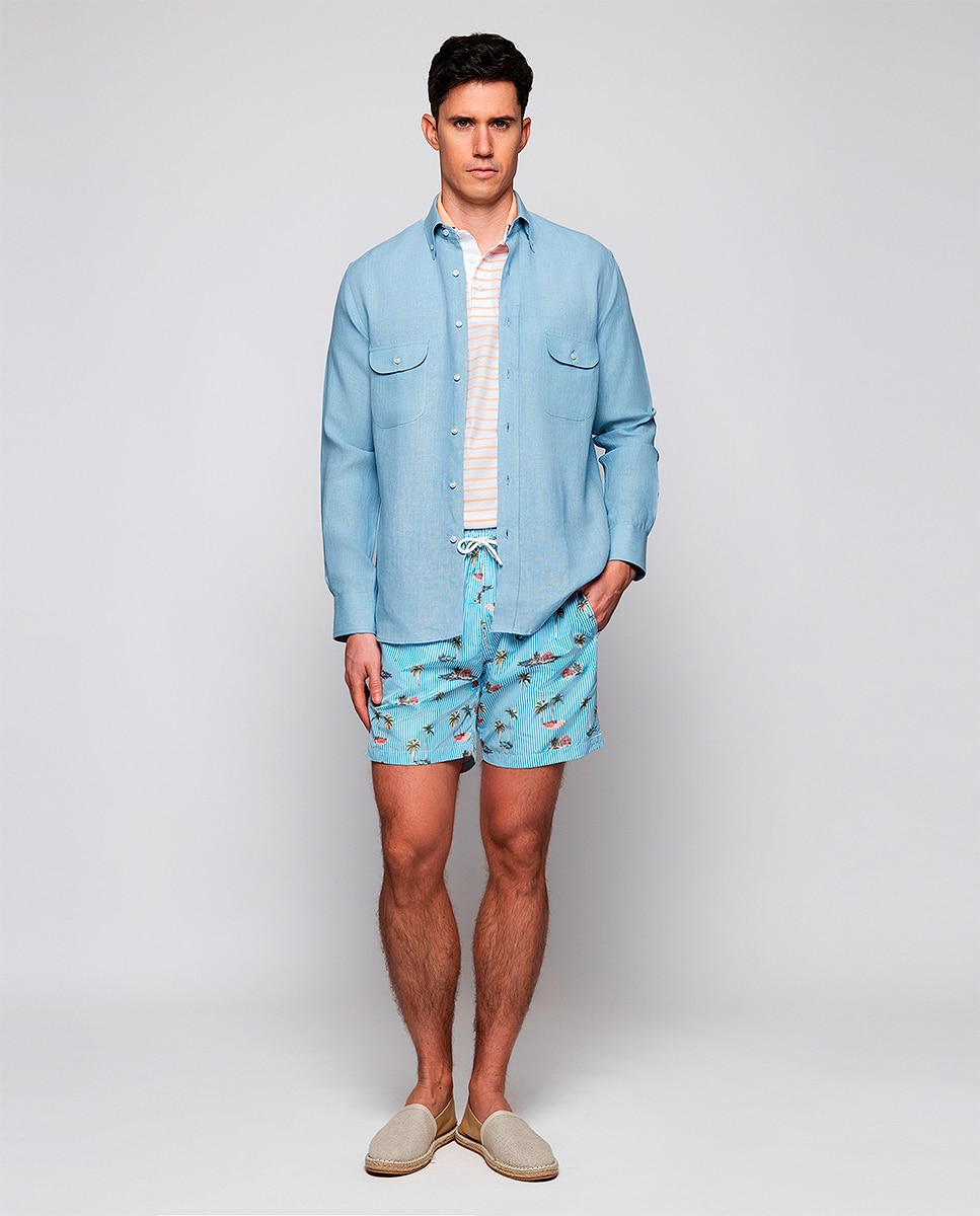 Camisa Casual de Linho com Manga Comprida e 2 Bolsos Azul-5