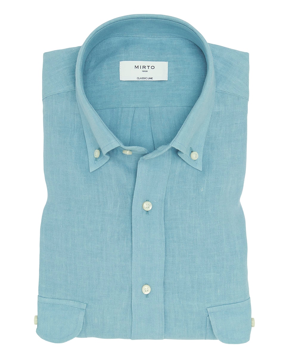 Camisa Casual de Linho com Manga Comprida e 2 Bolsos Azul-3