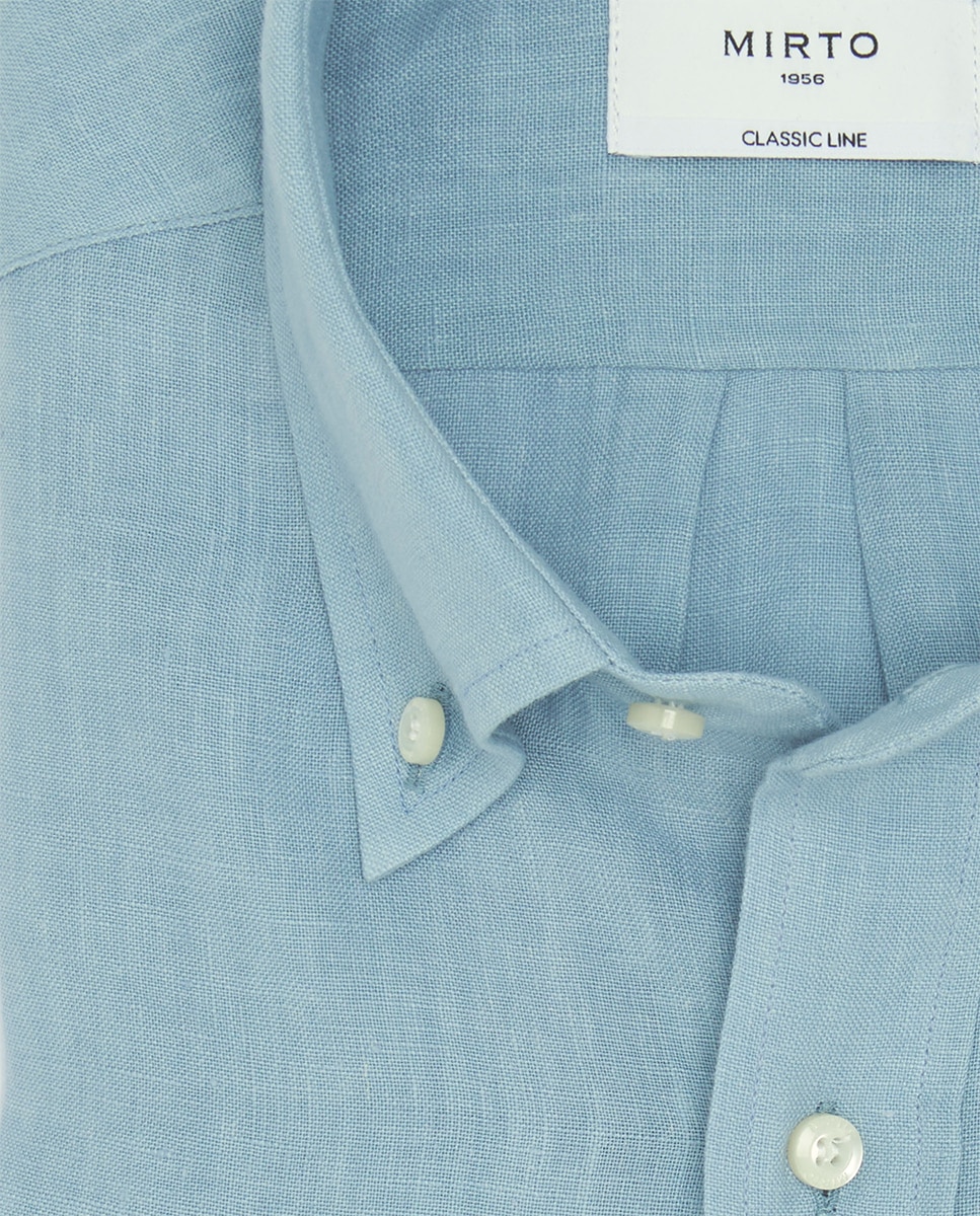 Camisa Casual de Linho com Manga Comprida e 2 Bolsos Azul-4