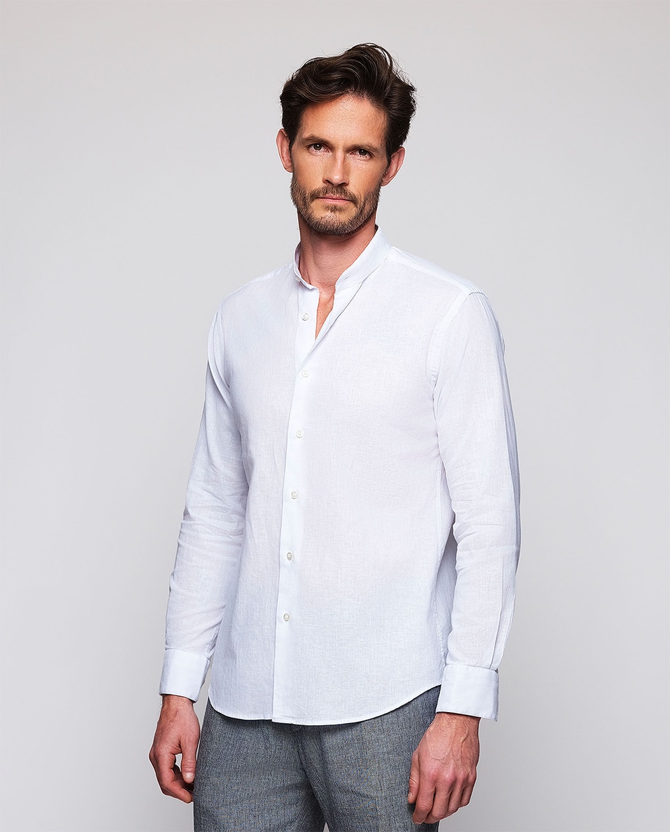 Imagen 0 de Camisa de hombre casual manga larga rayas cuello mao Blanco