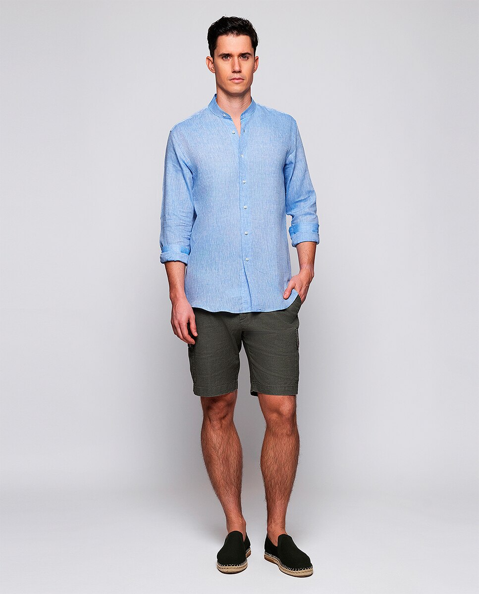 Camisa Casual de Manga Comprida às Riscas com Gola à Padre Azul-5