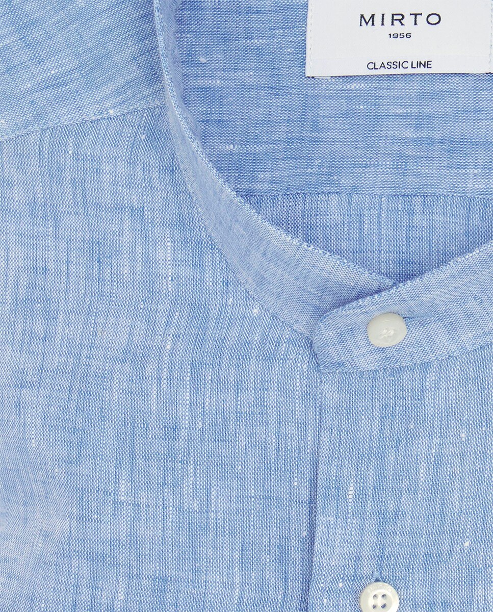 Camisa Casual de Manga Comprida às Riscas com Gola à Padre Azul-4